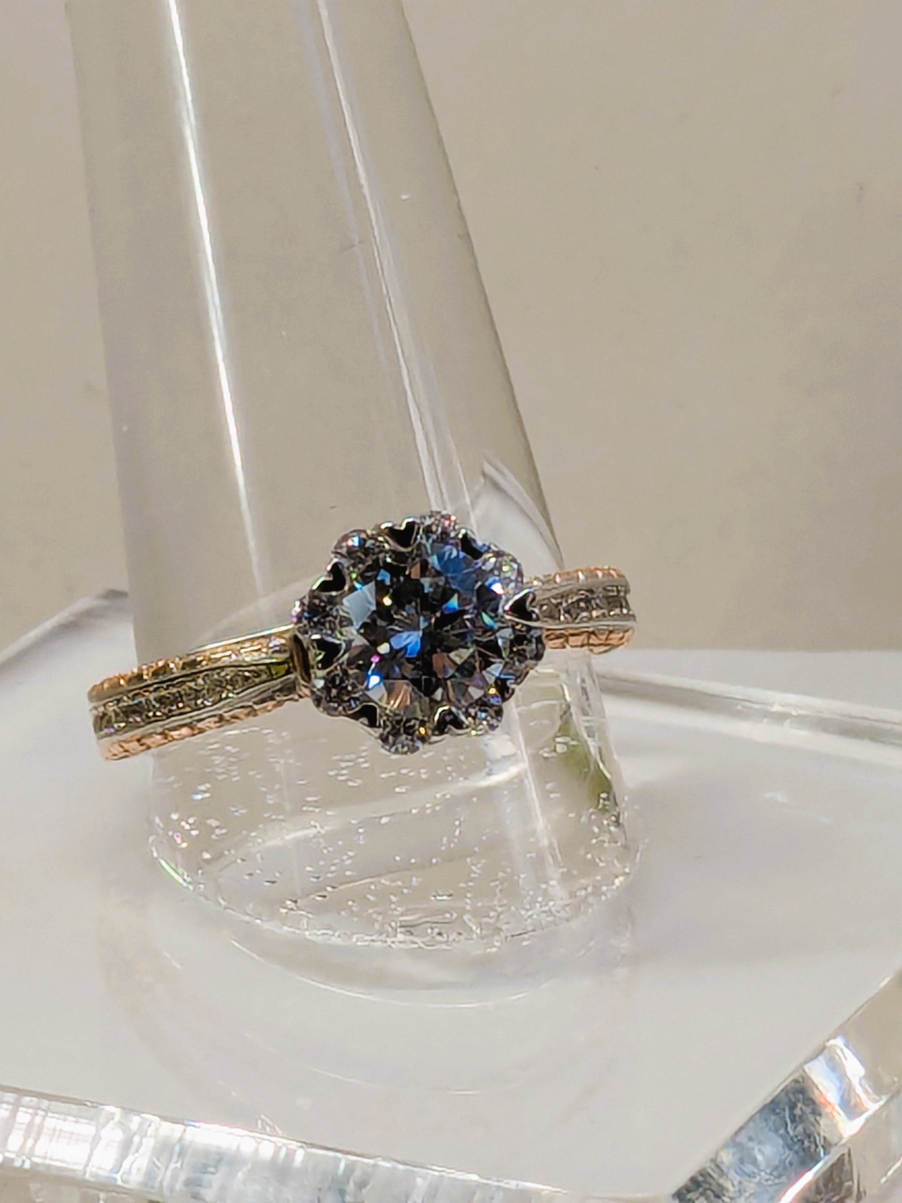 Two Tone Raised Diamond Ring with Halo and Hidden Halo