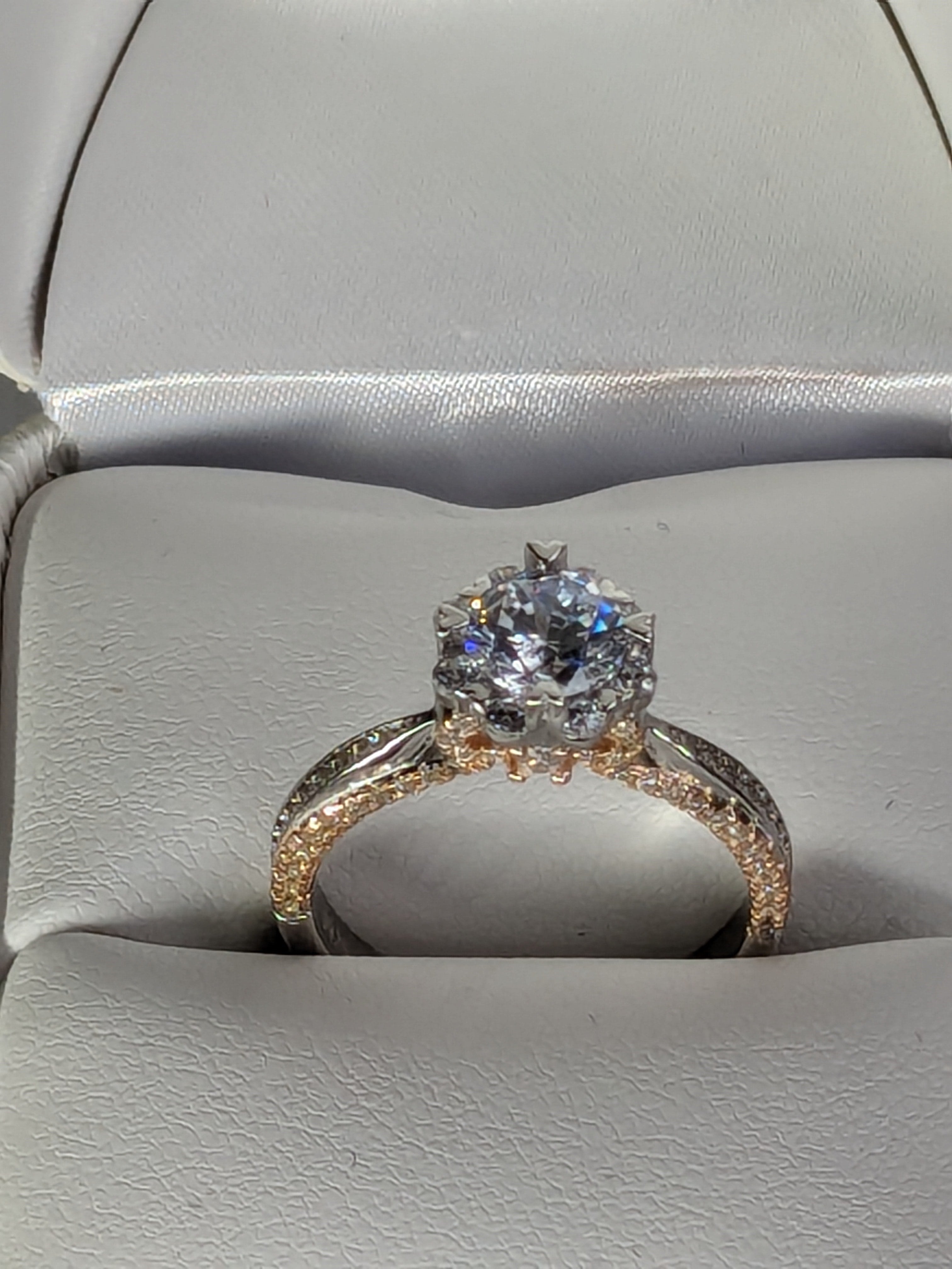 Two Tone Raised Diamond Ring with Halo and Hidden Halo