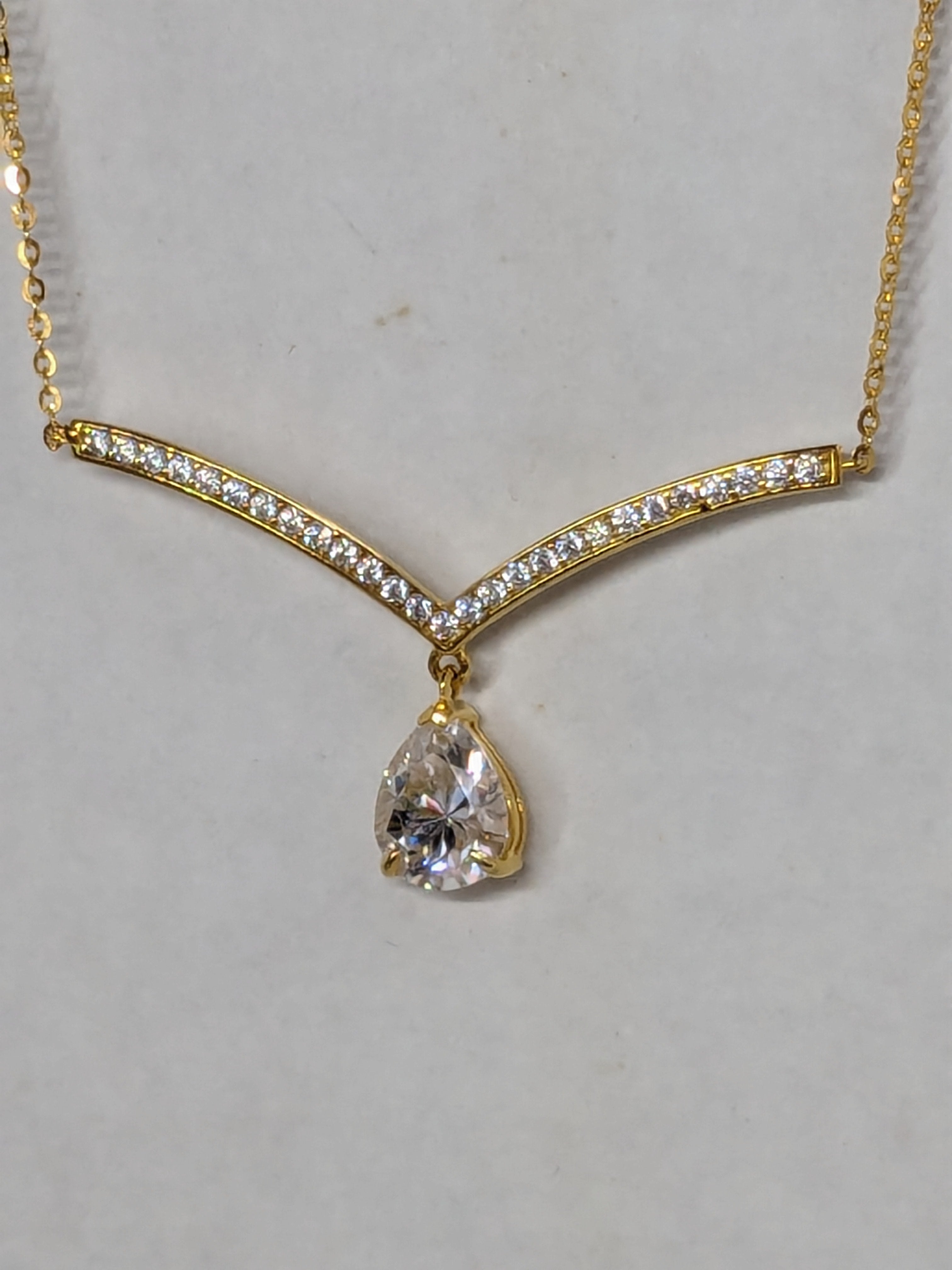 Moissanite Chevron Necklace with Faceted Pear Cut Diamond Dangle