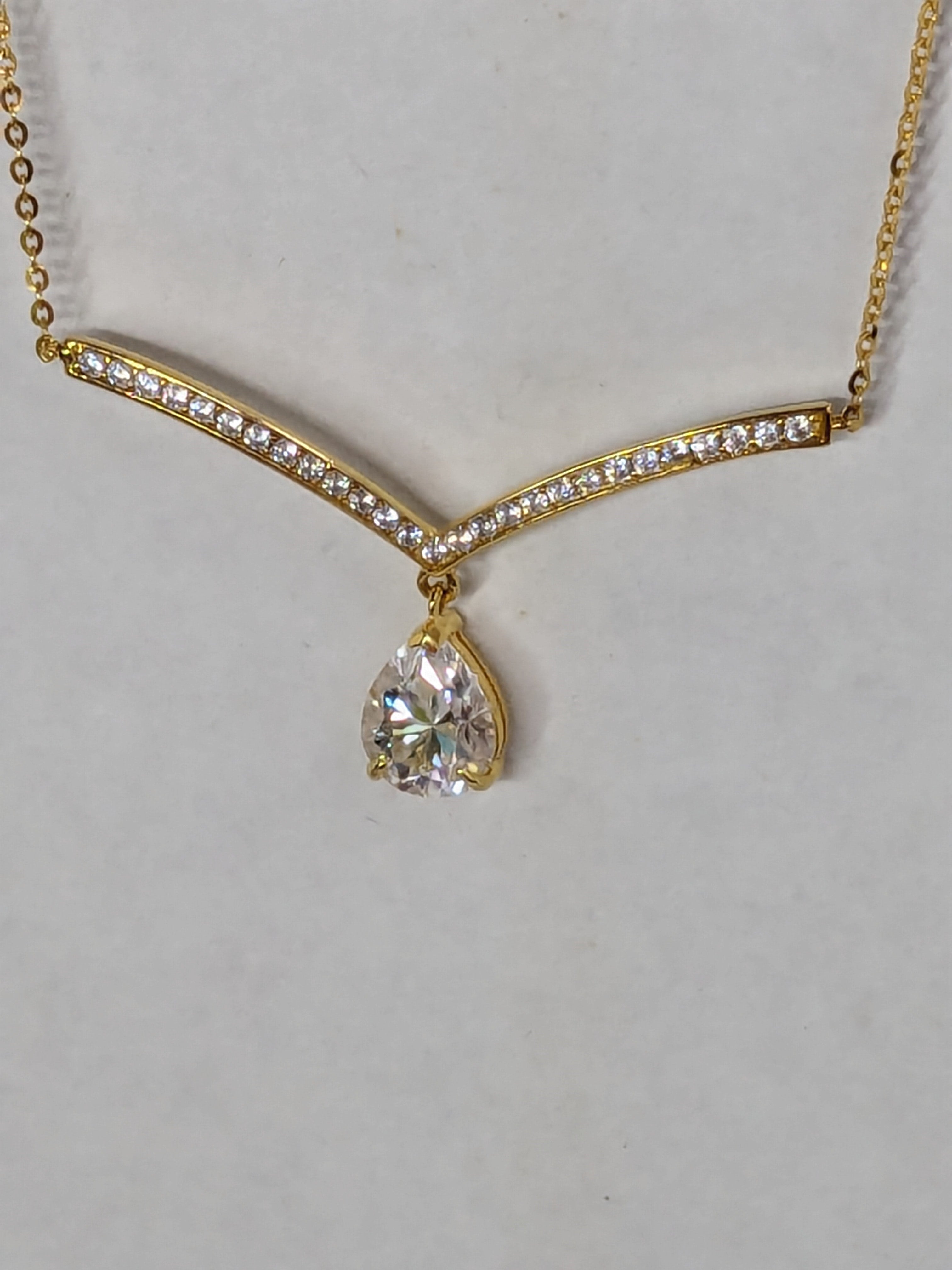 Moissanite Chevron Necklace with Faceted Pear Cut Diamond Dangle