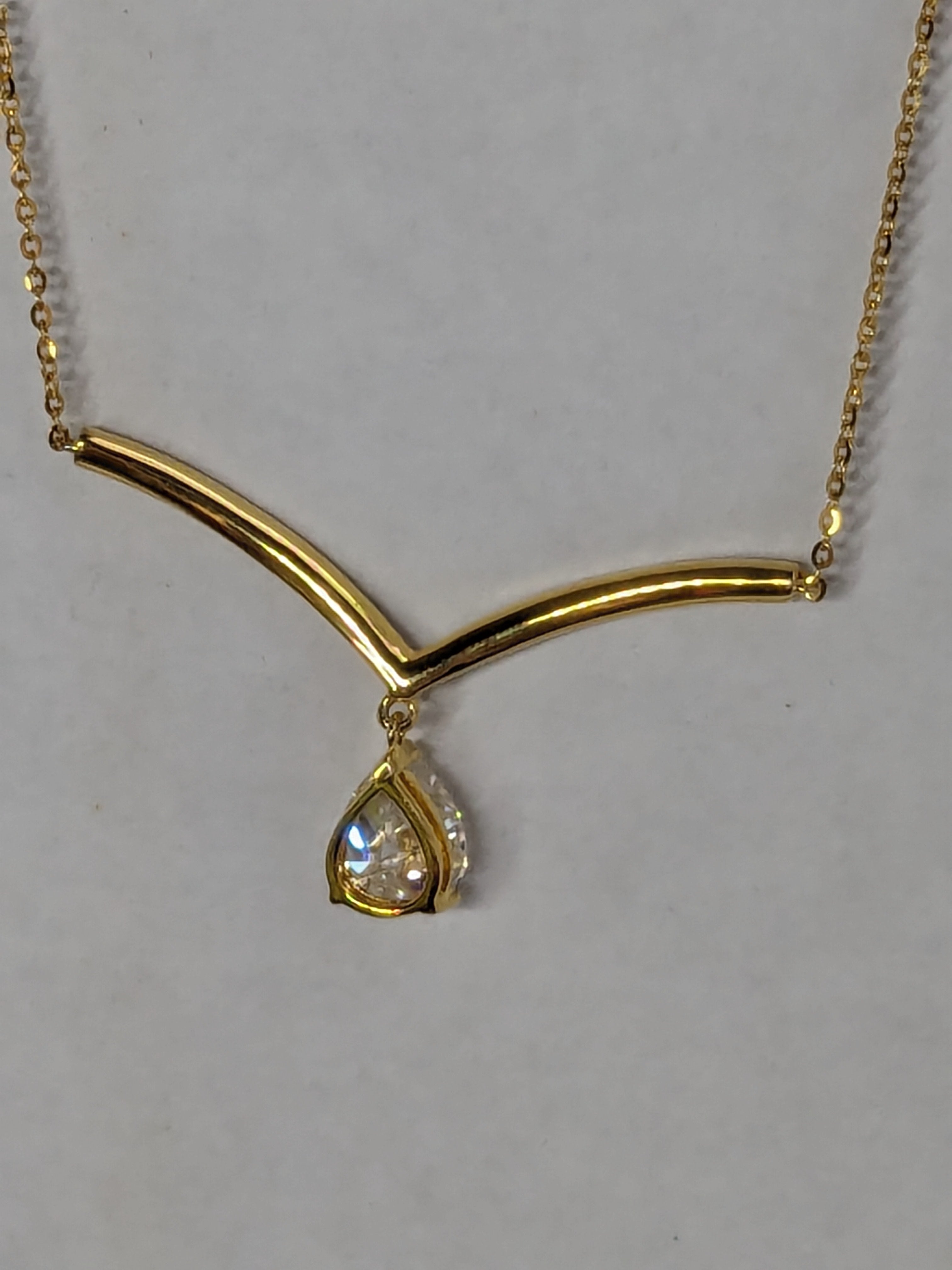 Moissanite Chevron Necklace with Faceted Pear Cut Diamond Dangle