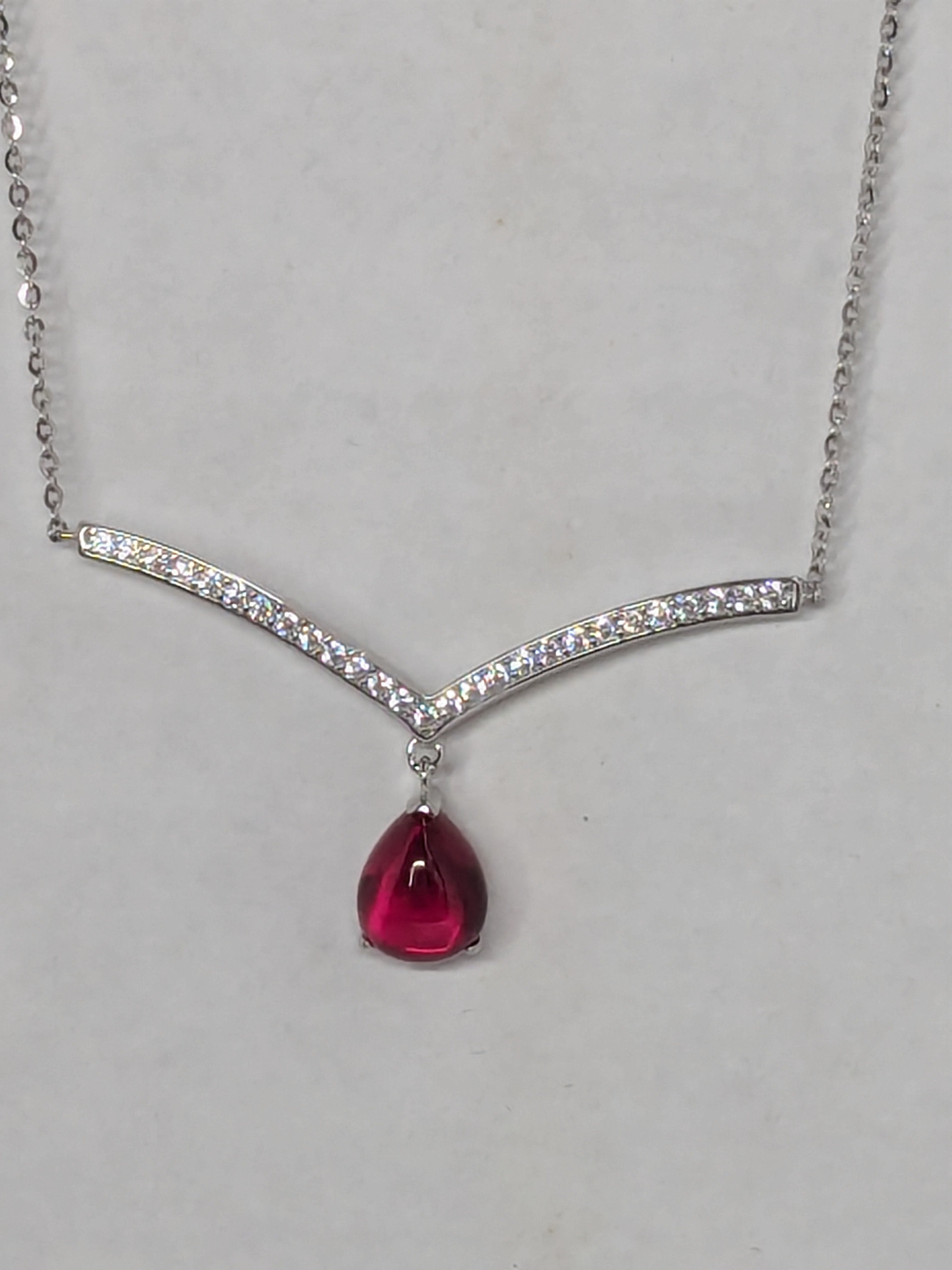 Moissanite Studded Chevron Necklace with Ruby Waterdrop Dangle