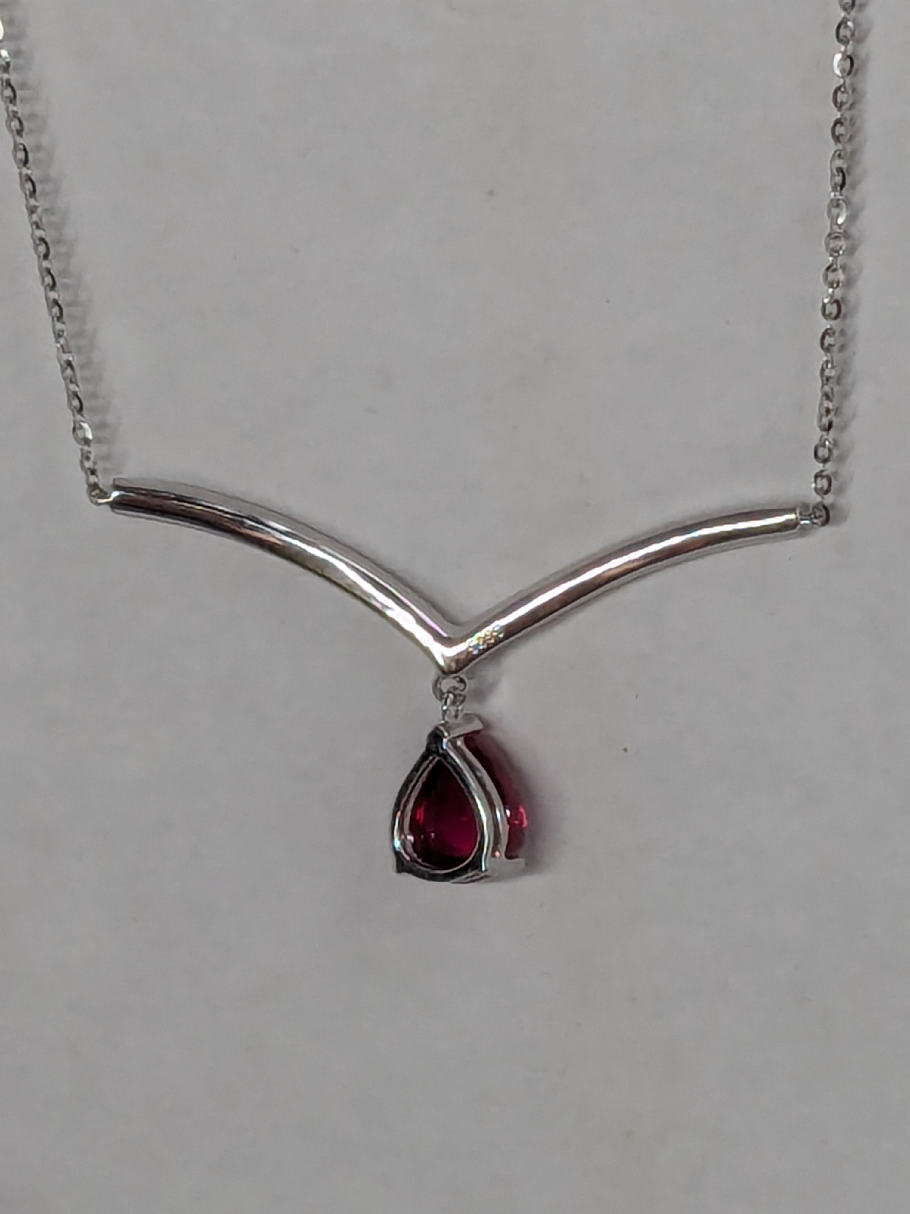 Moissanite Studded Chevron Necklace with Ruby Waterdrop Dangle