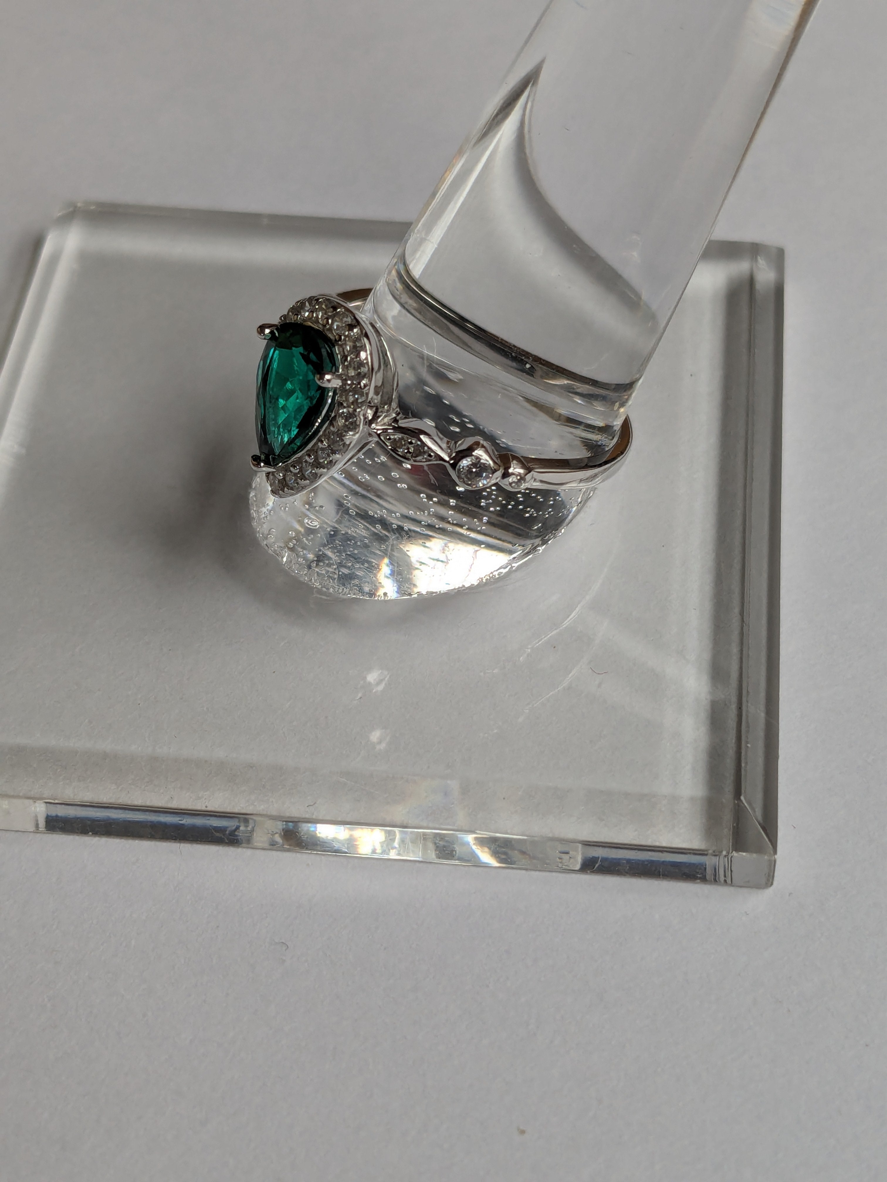 Lab Grown Green Emerald Ring with Zircon Gemstone Halo