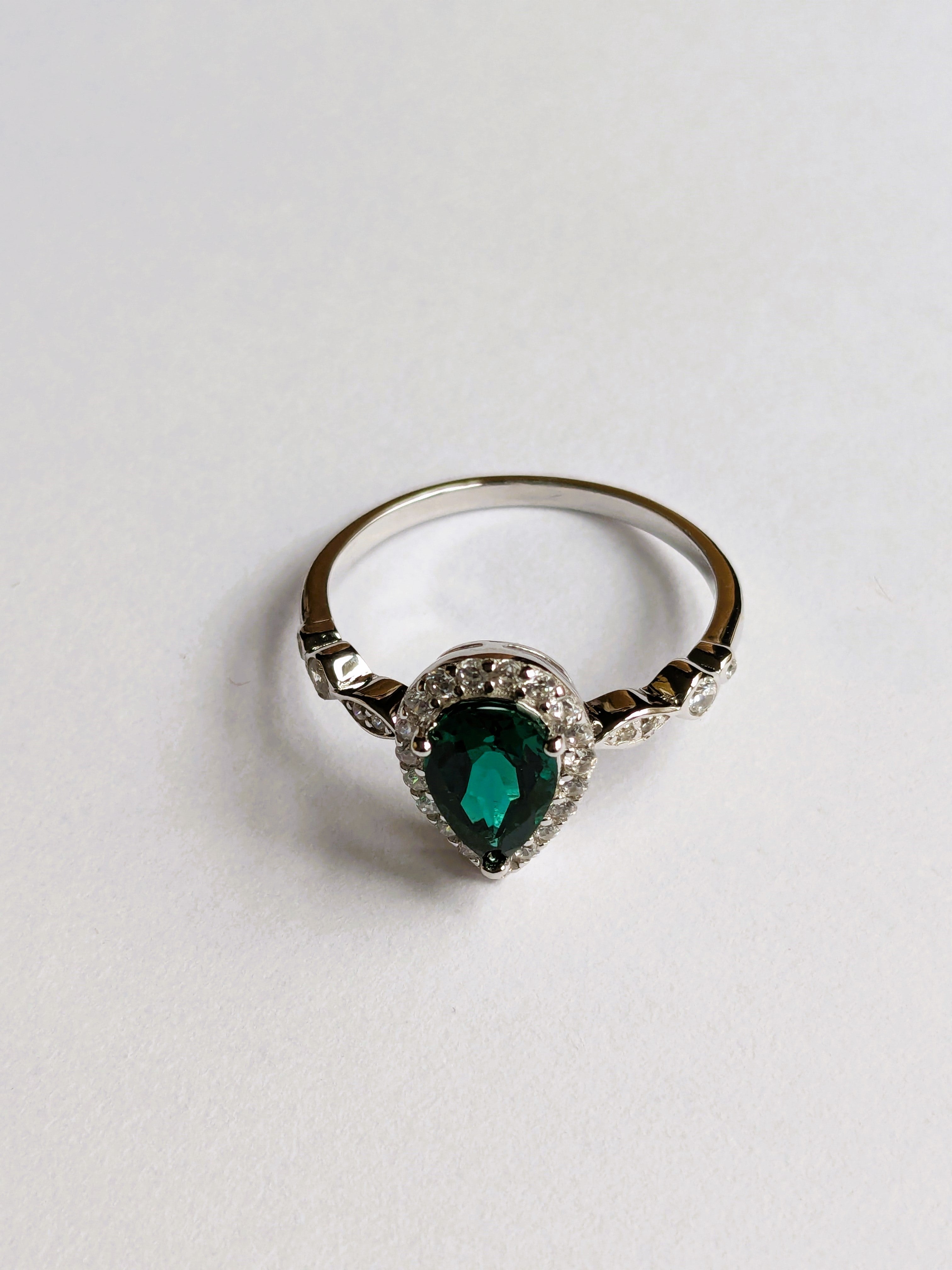 Lab Grown Green Emerald Ring with Zircon Gemstone Halo