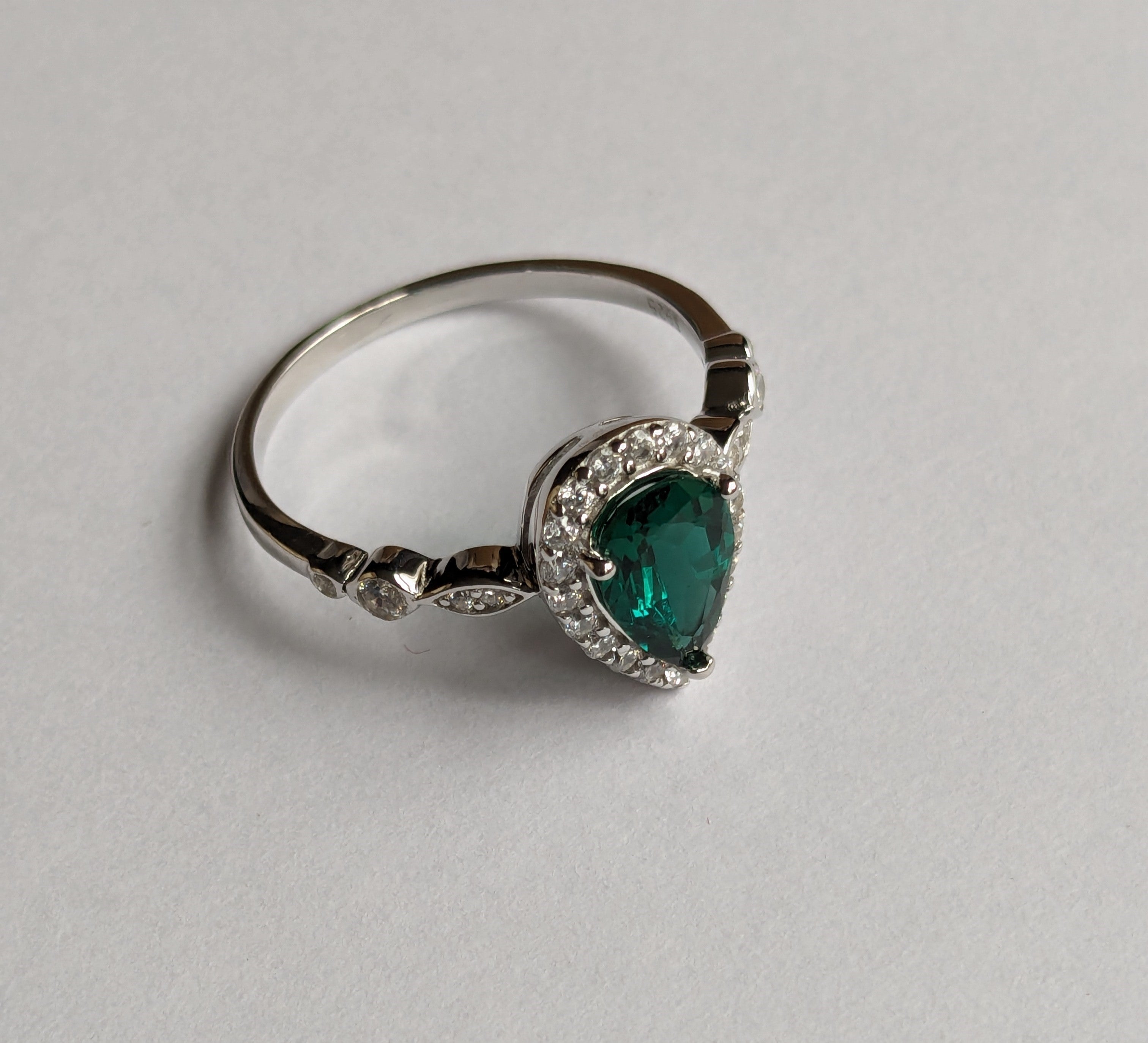 Lab Grown Green Emerald Ring with Zircon Gemstone Halo