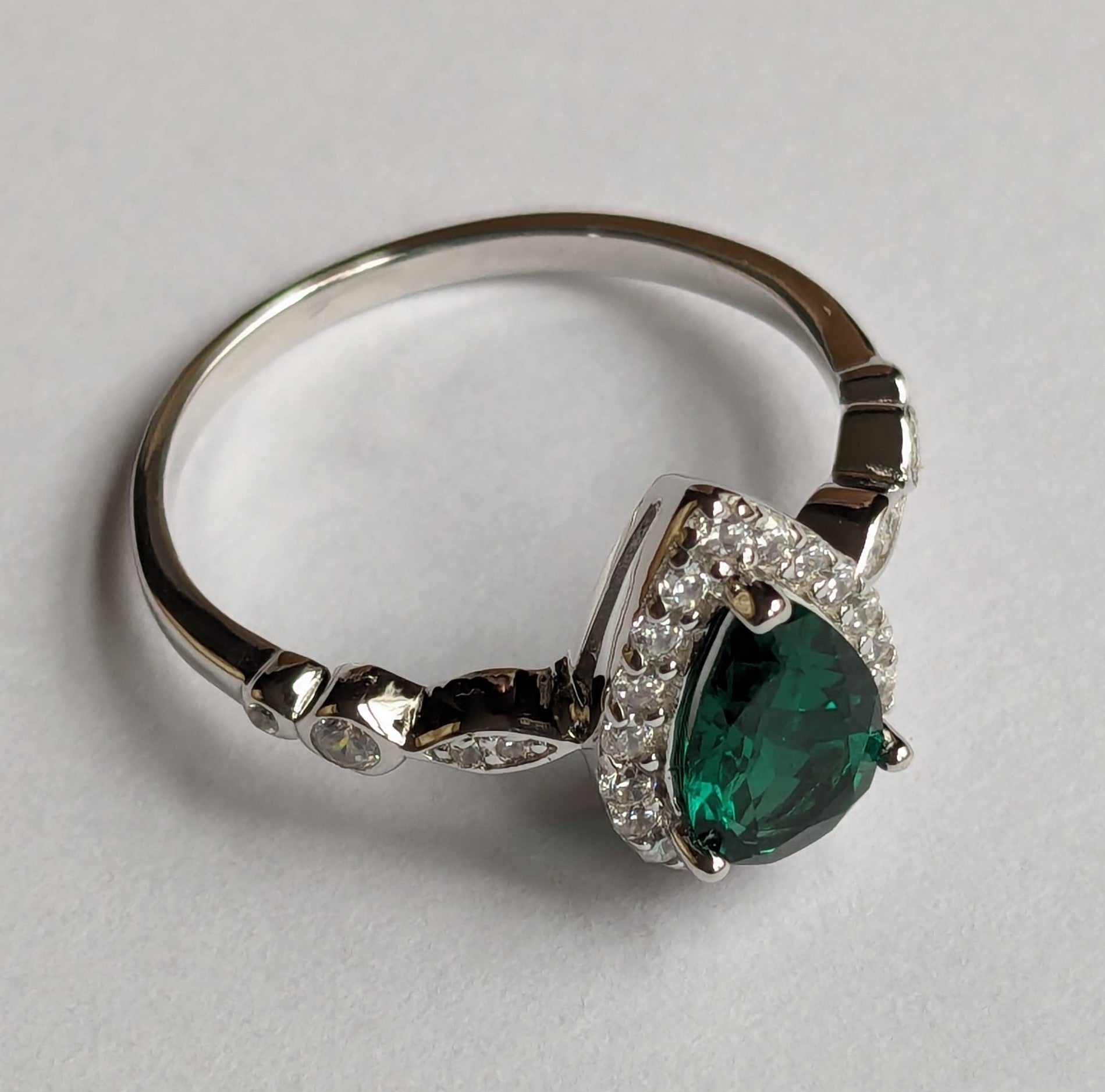 Lab Grown Green Emerald Ring with Zircon Gemstone Halo