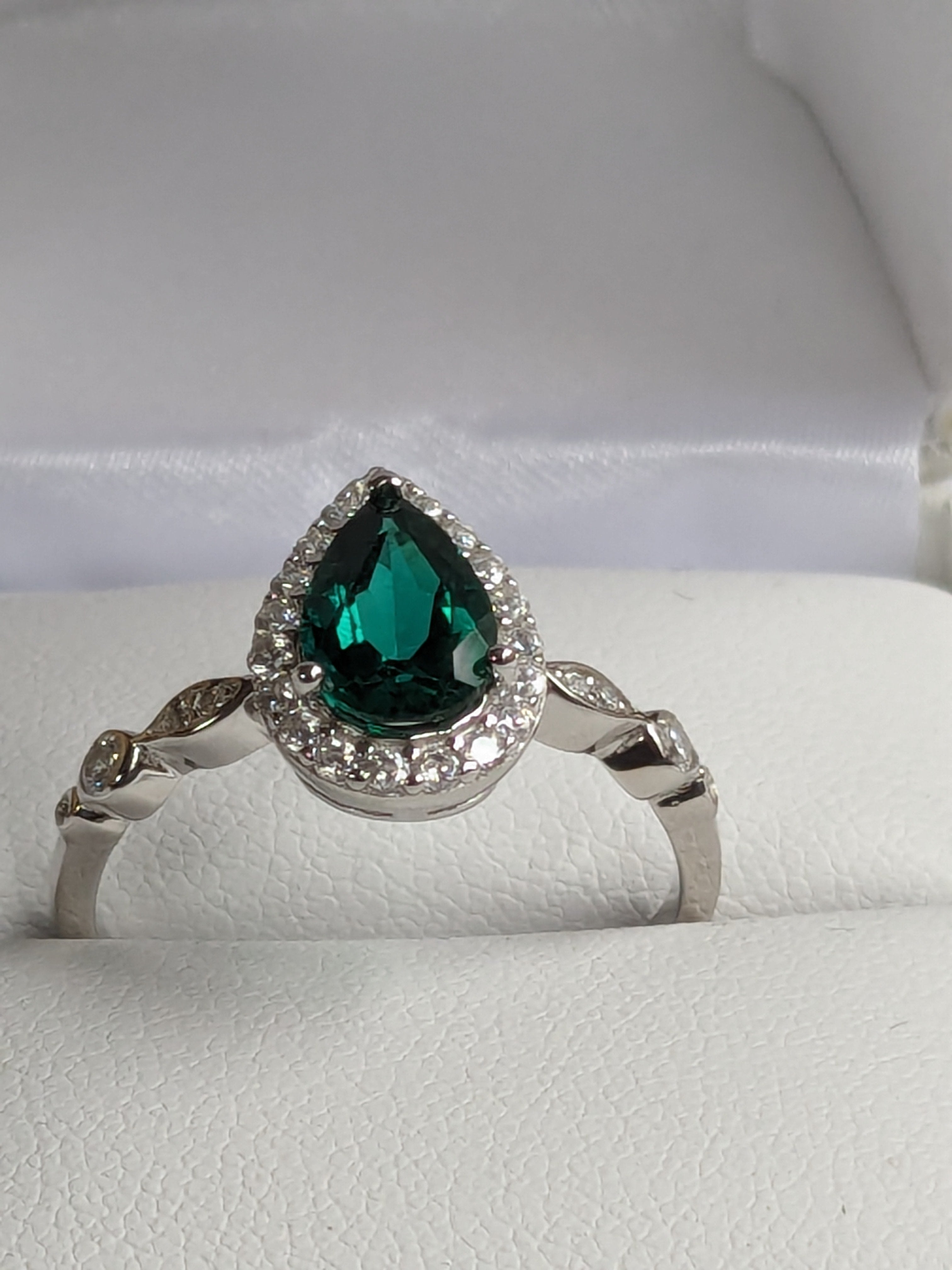 Lab Grown Green Emerald Ring with Zircon Gemstone Halo