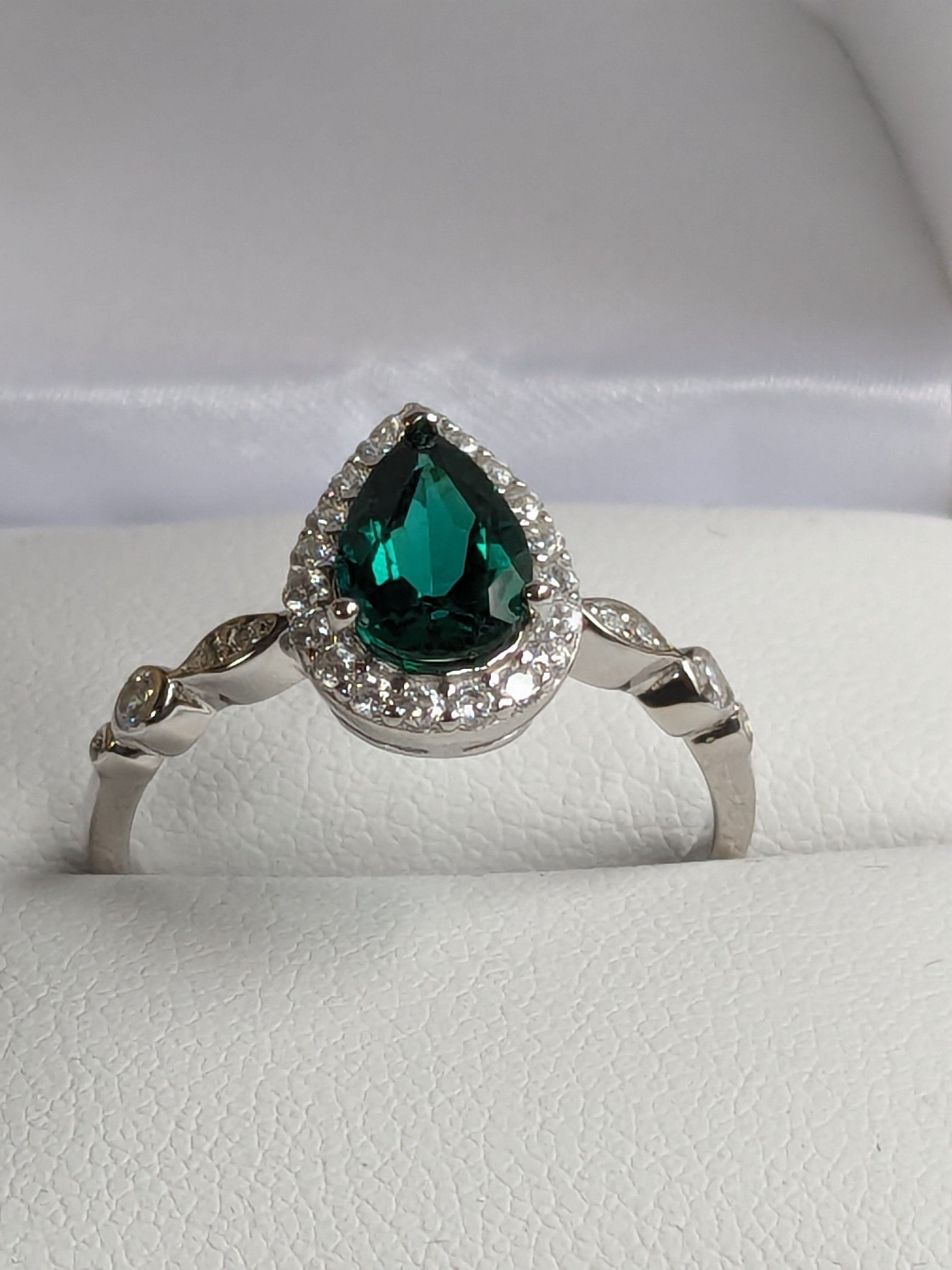 Lab Grown Green Emerald Ring with Zircon Gemstone Halo