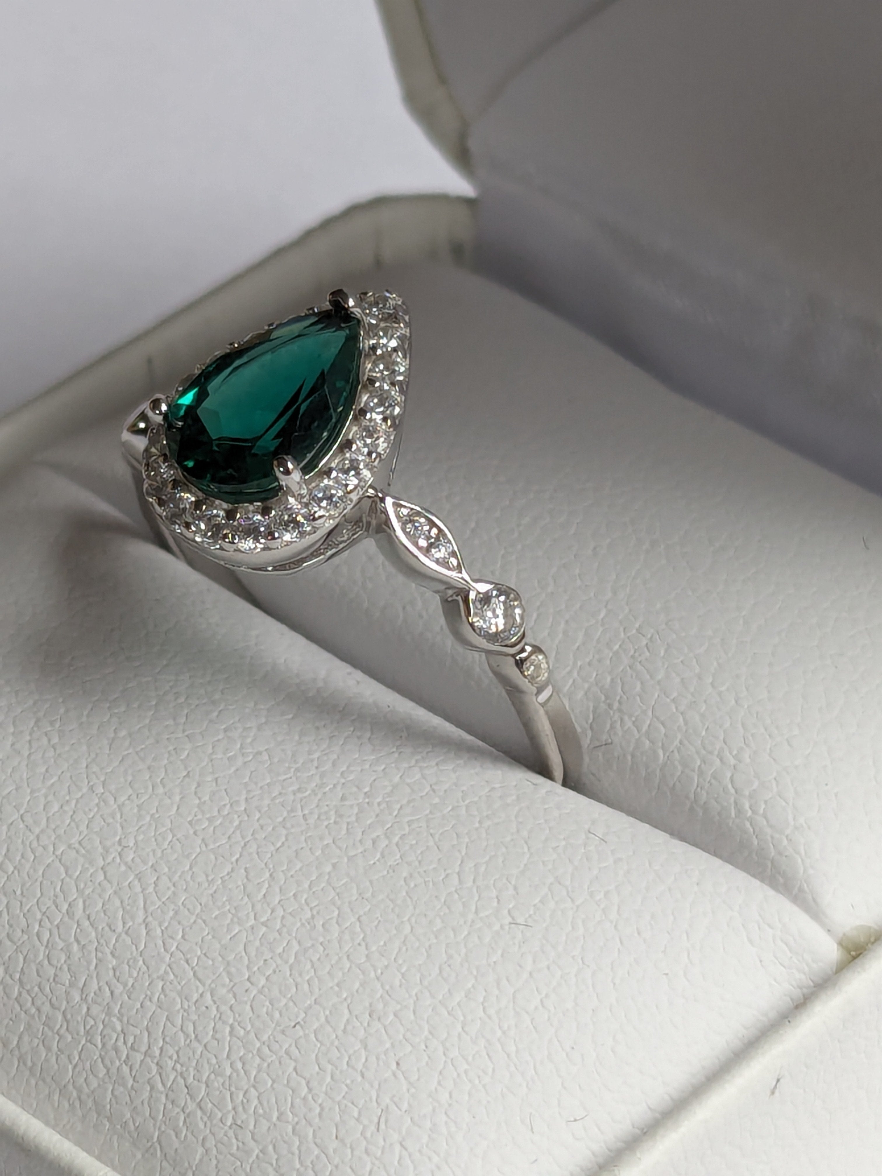 Lab Grown Green Emerald Ring with Zircon Gemstone Halo