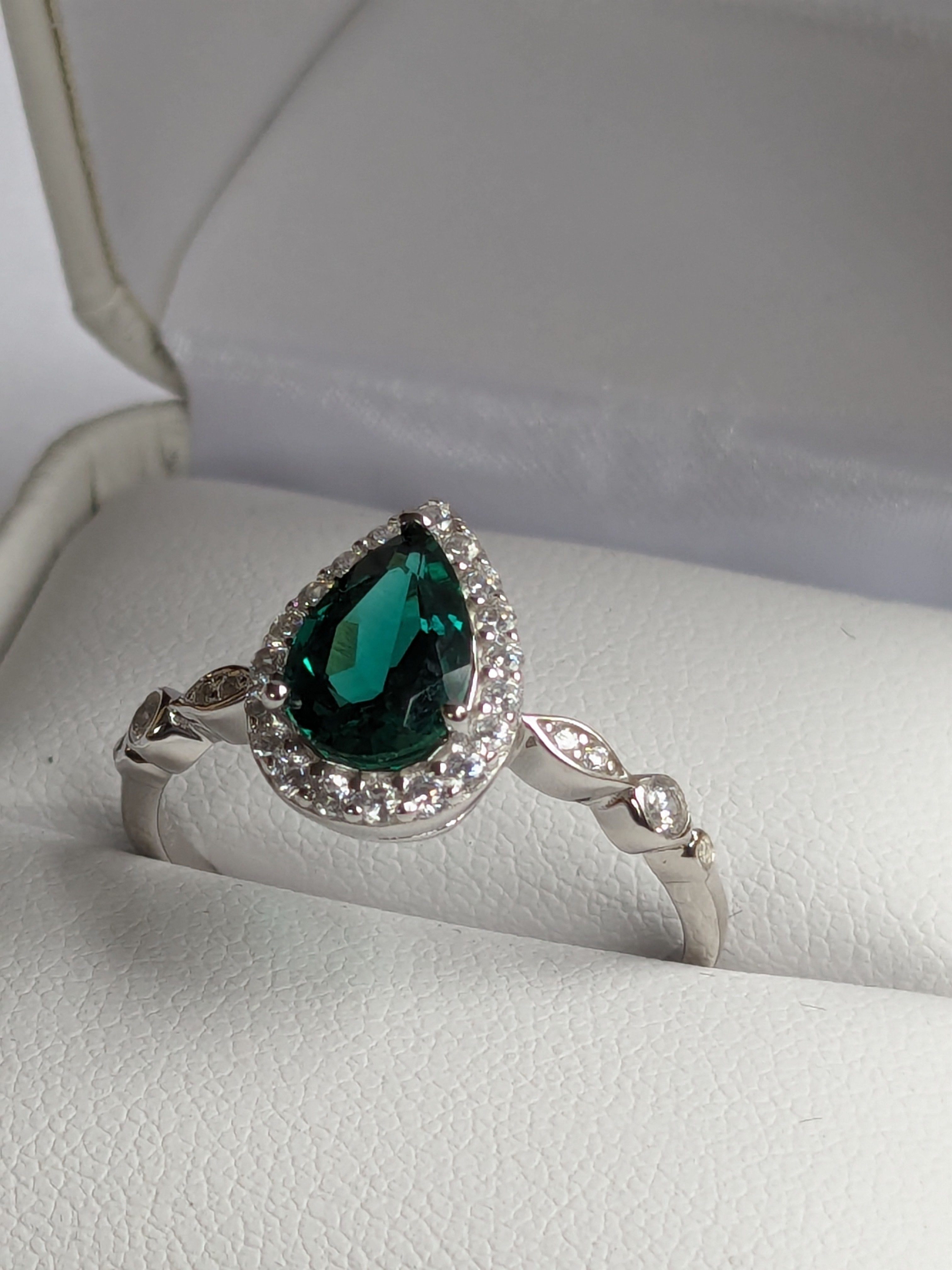 Lab Grown Green Emerald Ring with Zircon Gemstone Halo