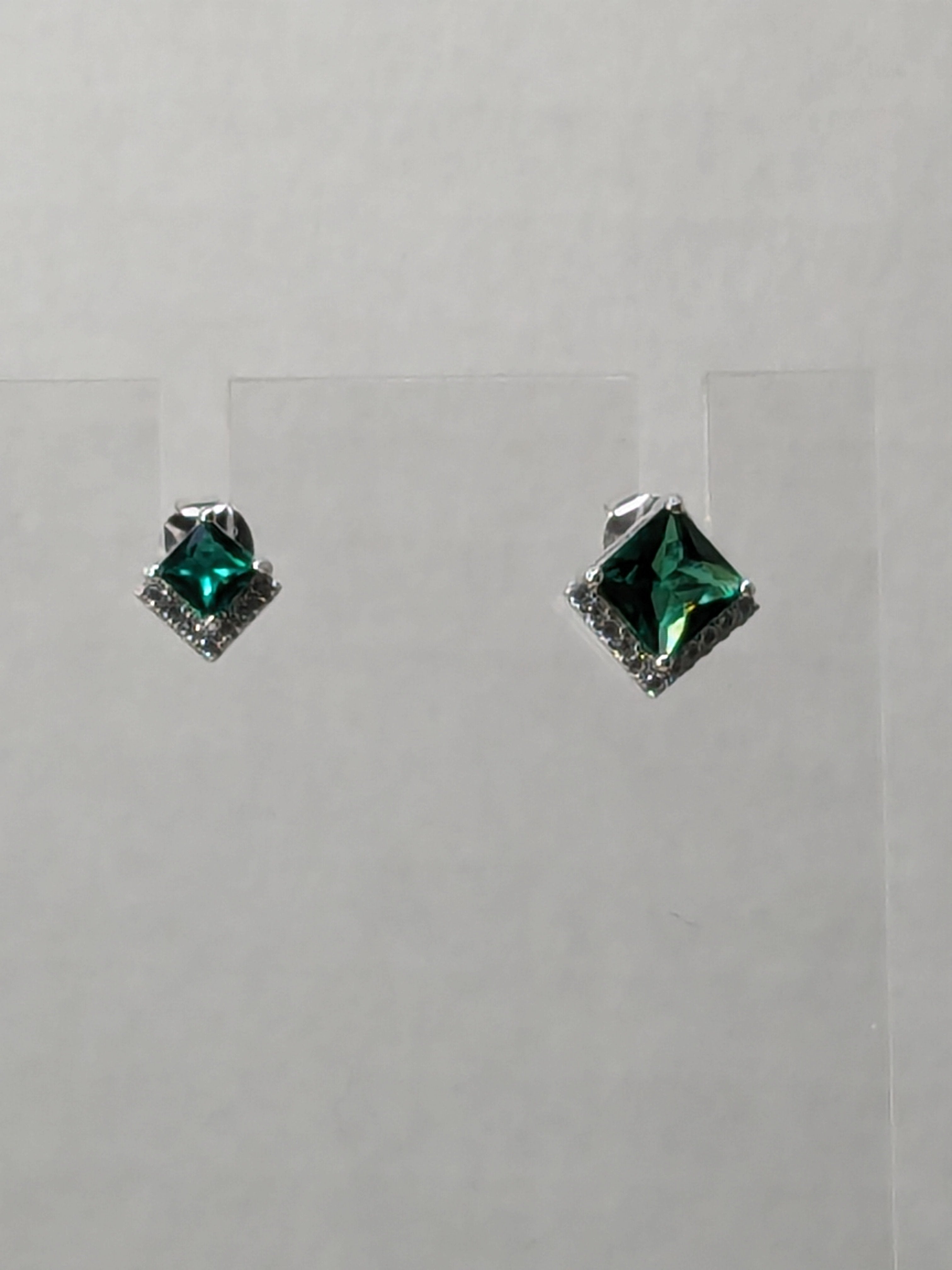 Square Cushion Cut Genuine Emerald Stud Earrings with Zircon Gemstone Accents choice of 2 sizes