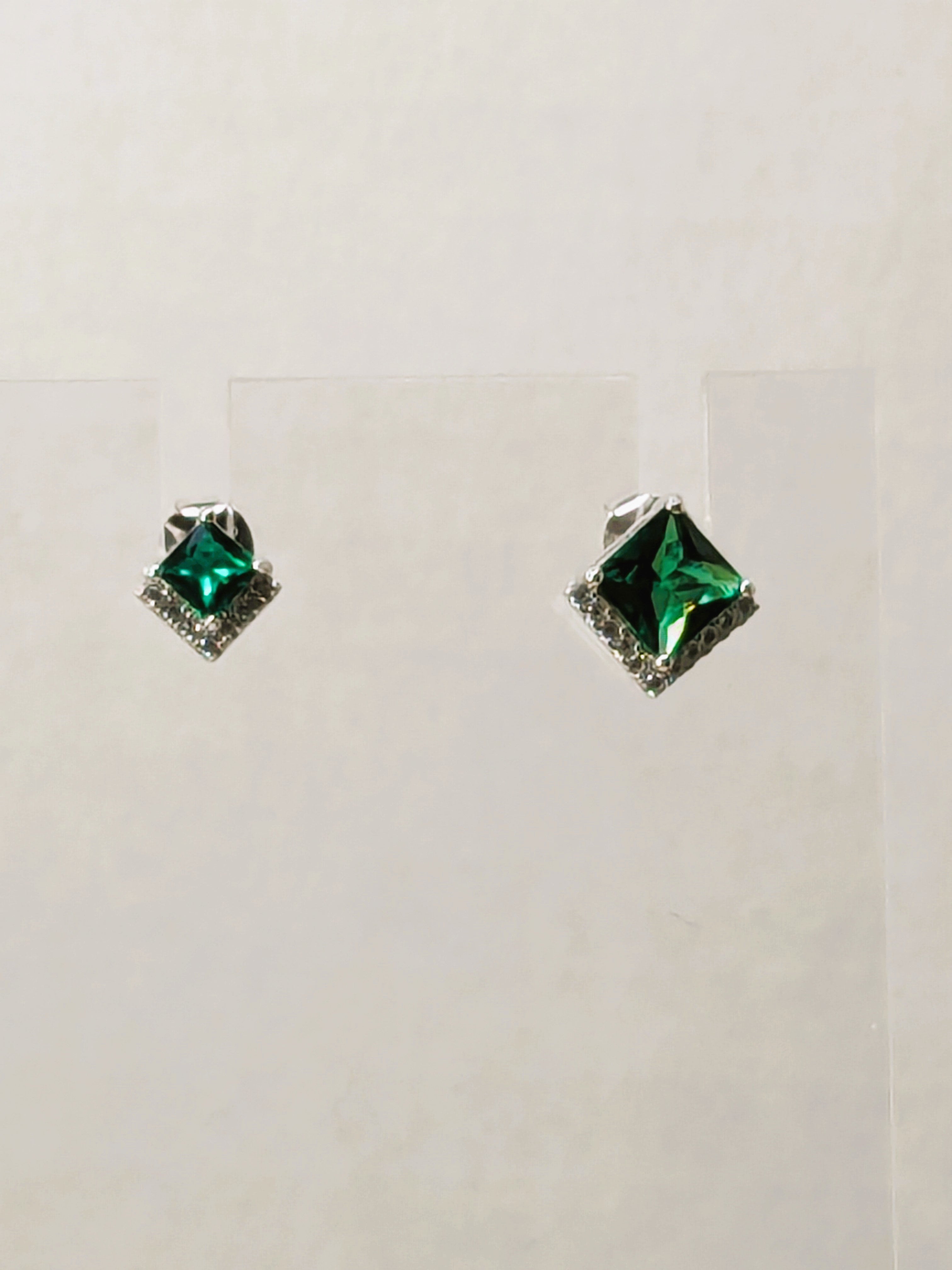 Square Cushion Cut Genuine Emerald Stud Earrings with Zircon Gemstone Accents choice of 2 sizes