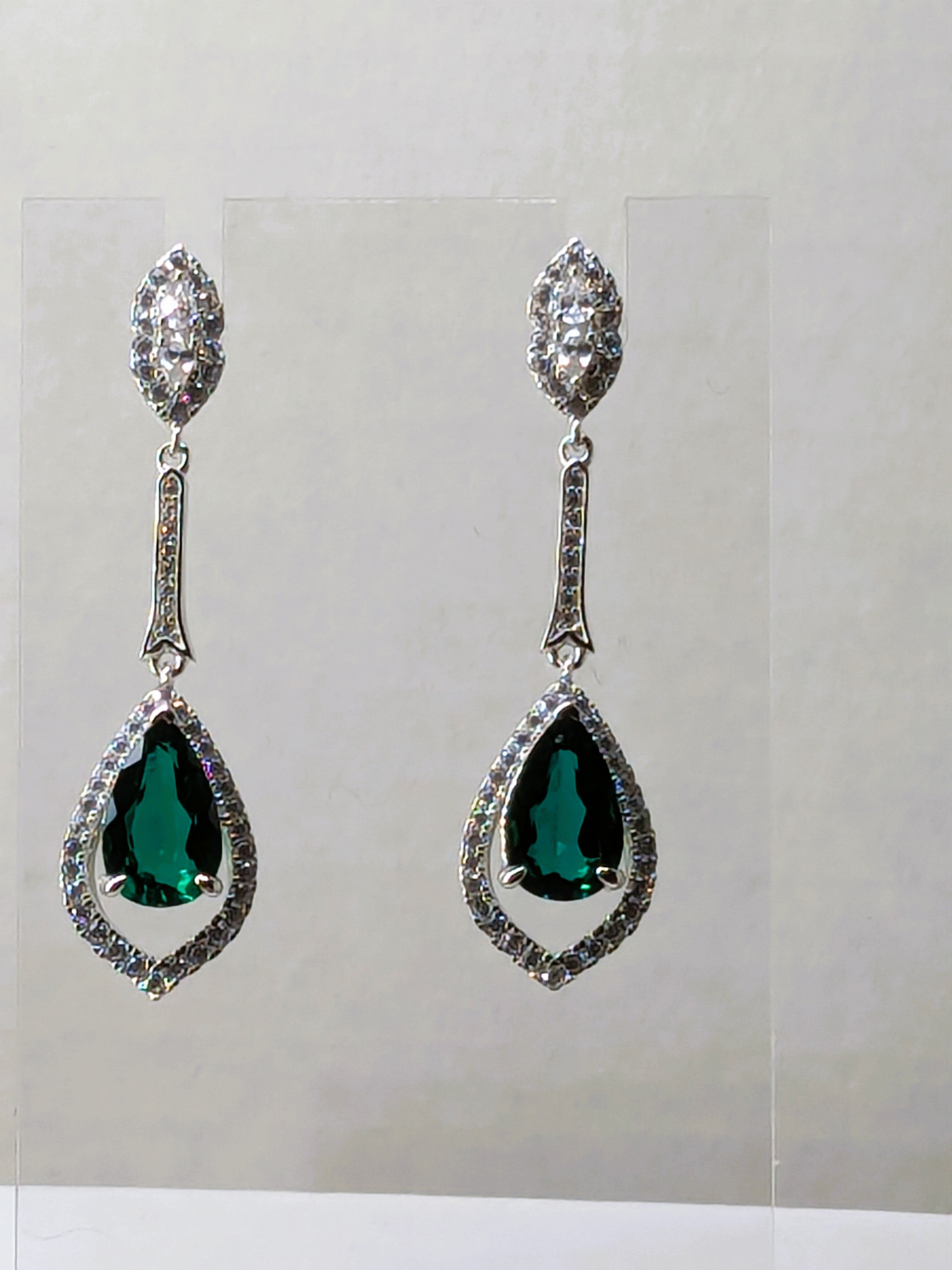 Genuine Emerald Long Dangle Drop Earrings with Zircon Gemstone Halo 3.4cttw