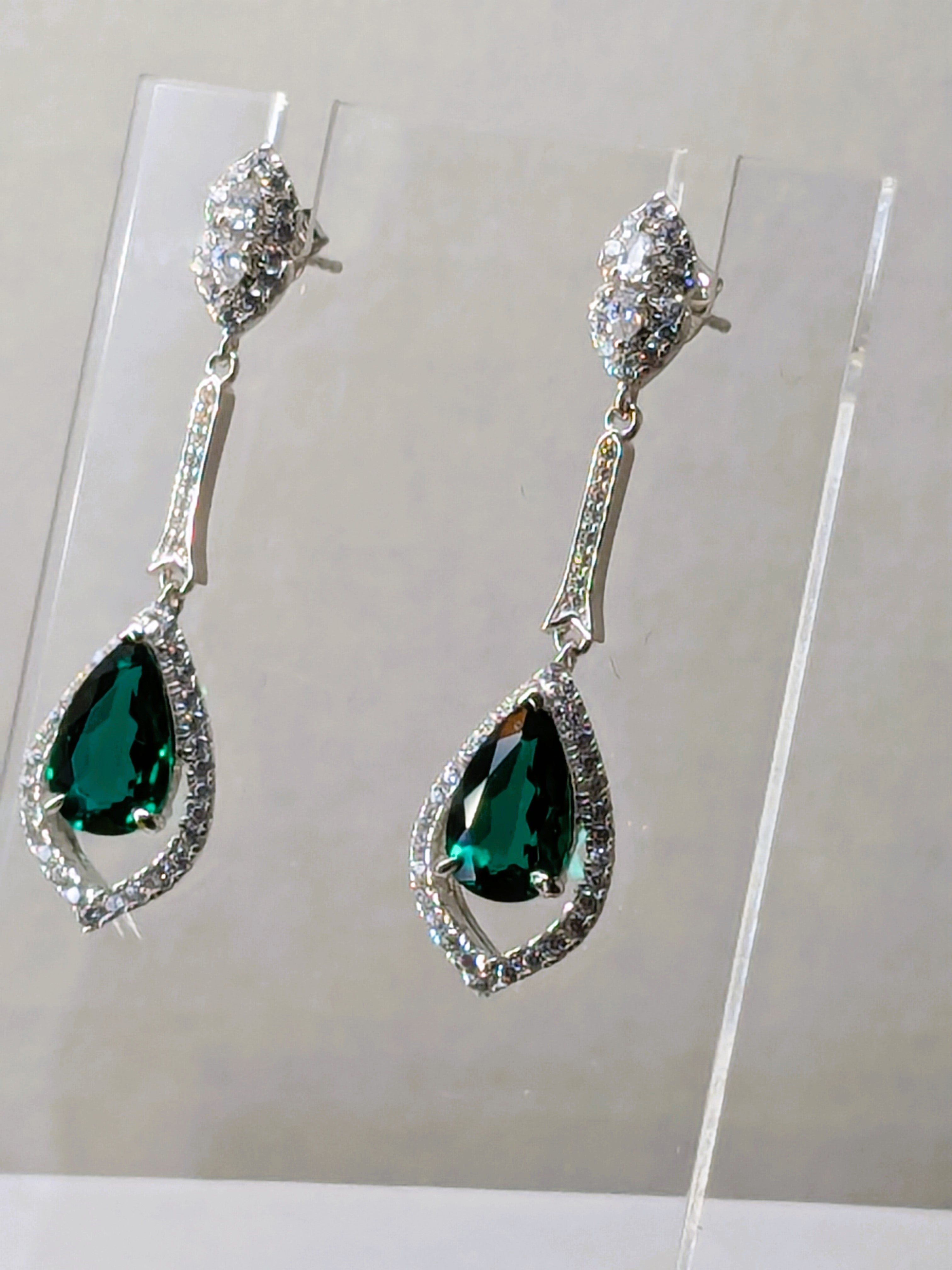 Genuine Emerald Long Dangle Drop Earrings with Zircon Gemstone Halo 3.4cttw