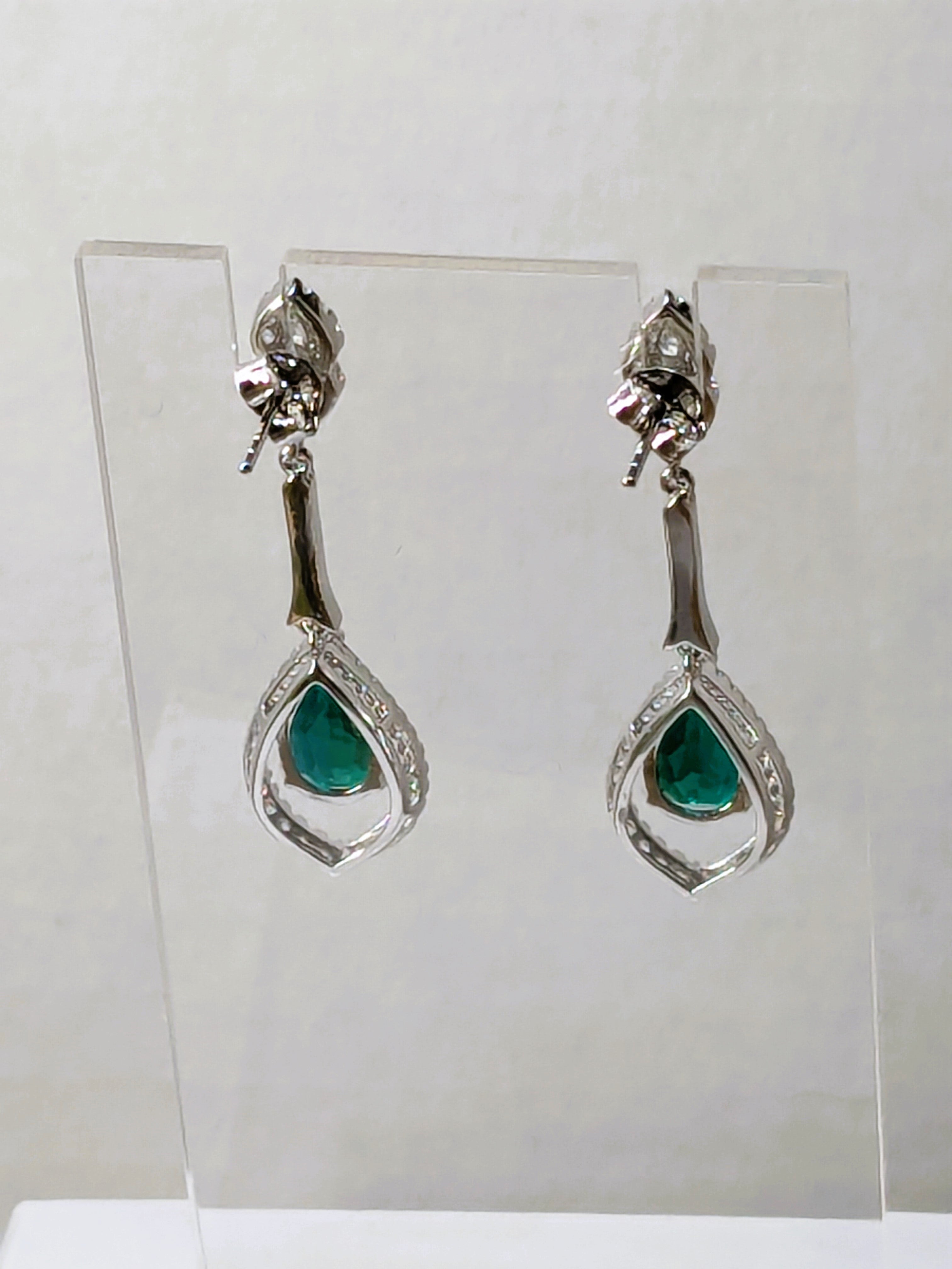 Genuine Emerald Long Dangle Drop Earrings with Zircon Gemstone Halo 3.4cttw