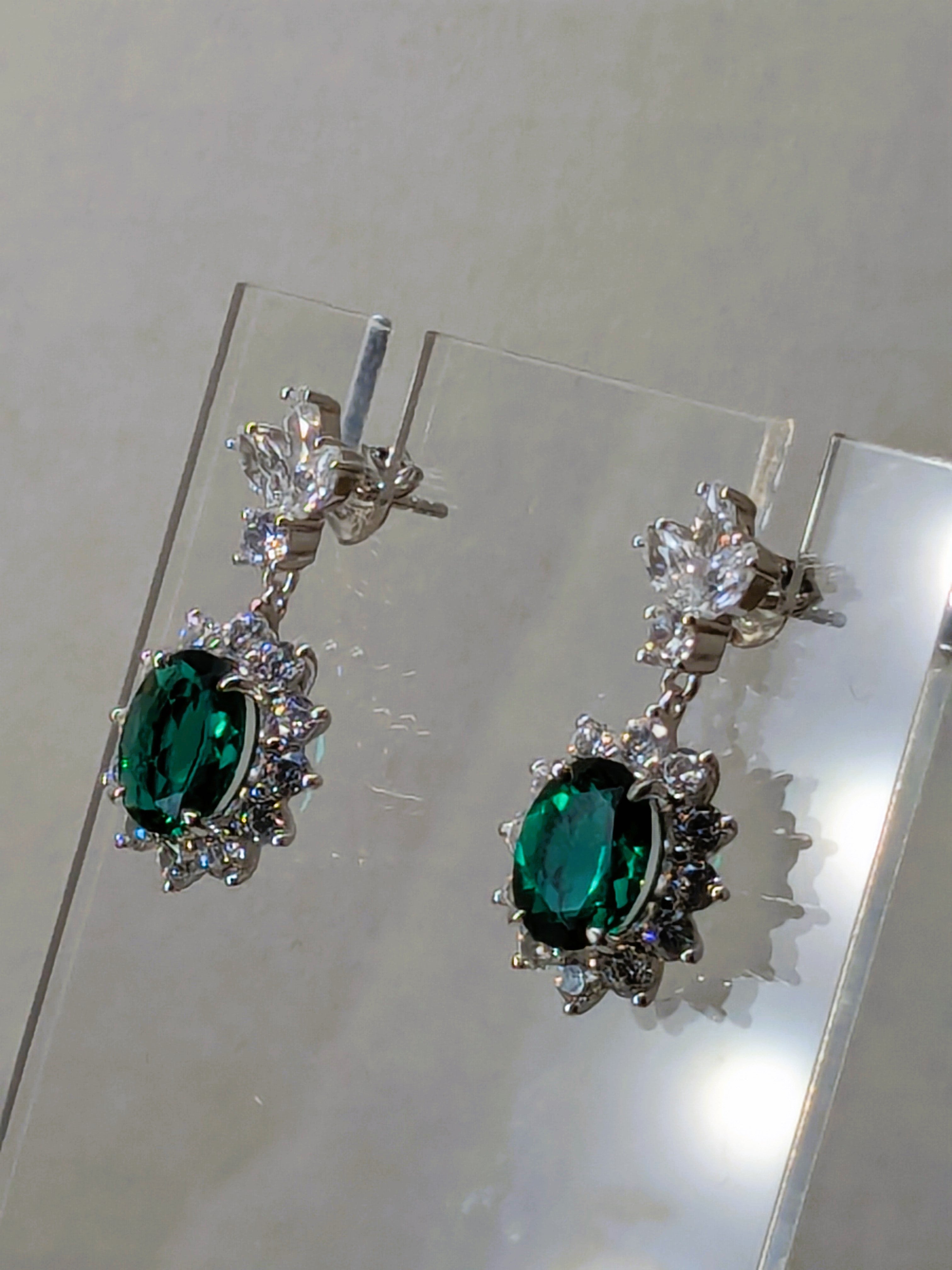 Genuine Emerald Drop earrings with Starburst Halo and Triple Zircon Gemstone Stud 3.25cttw