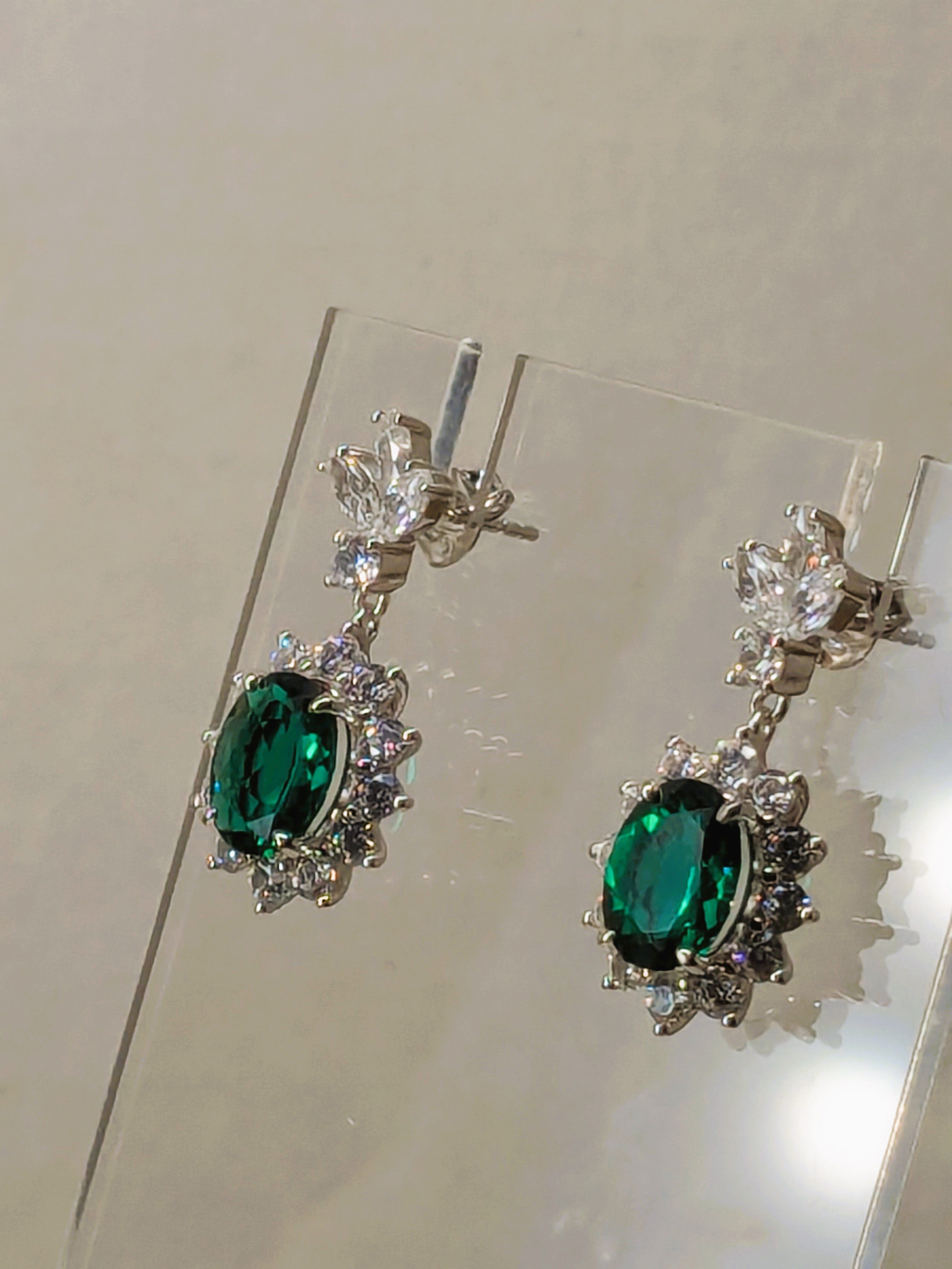 Genuine Emerald Drop earrings with Starburst Halo and Triple Zircon Gemstone Stud 3.25cttw