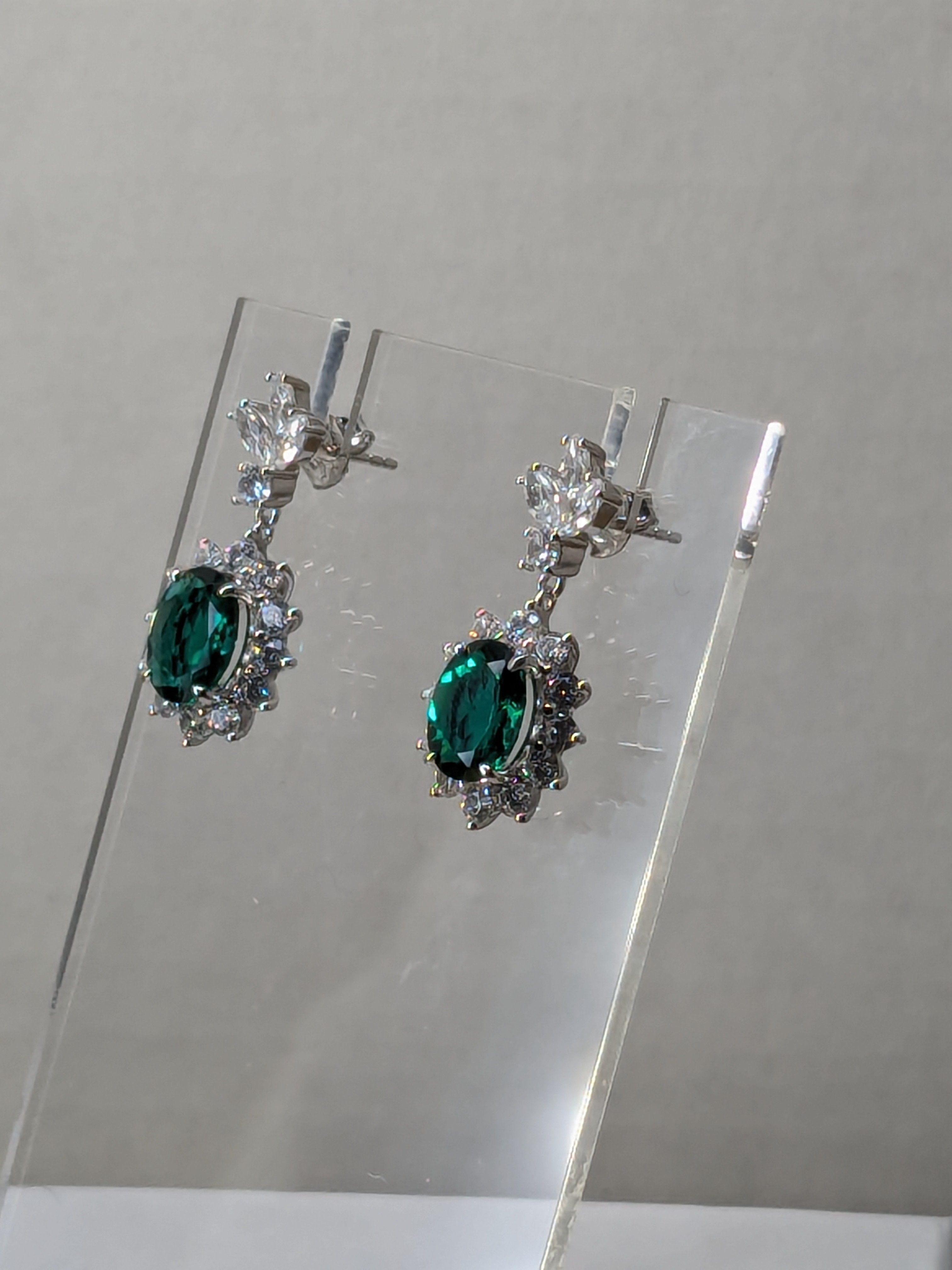 Genuine Emerald Drop earrings with Starburst Halo and Triple Zircon Gemstone Stud 3.25cttw