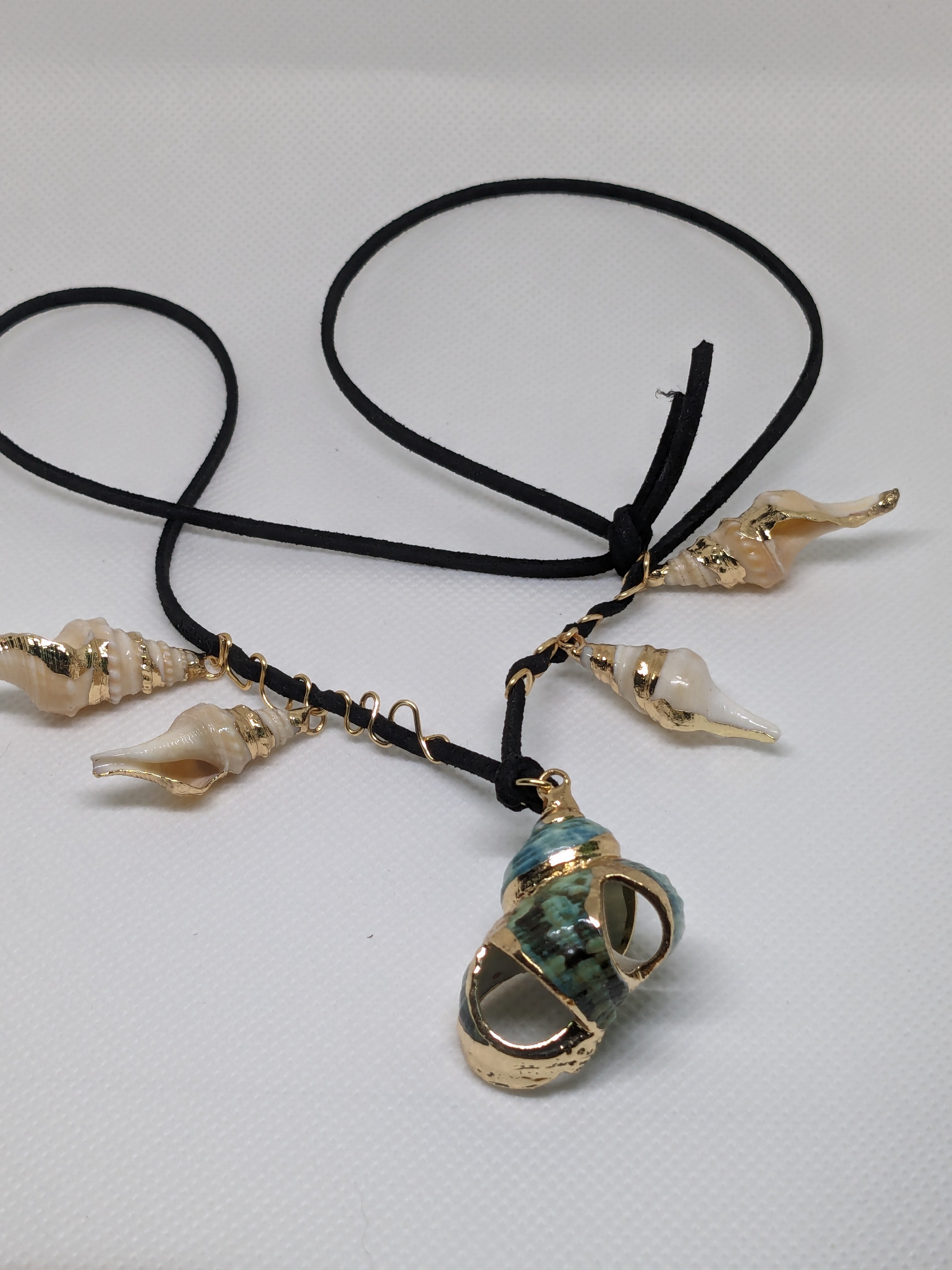 Handcrafted Large Blue-Green Conch Shell Necklace with Gold Accents  21"