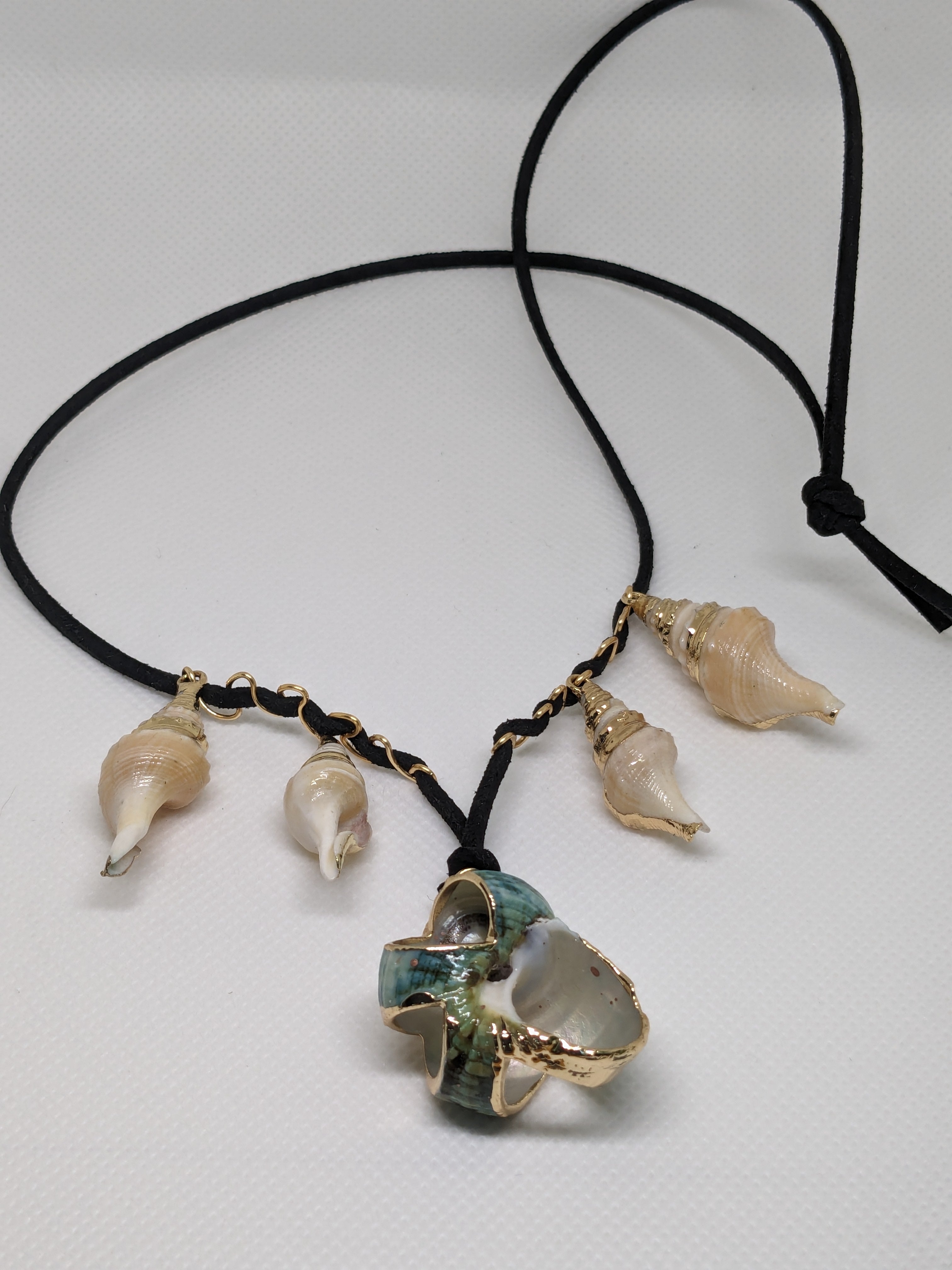 Handcrafted Large Blue-Green Conch Shell Necklace with Gold Accents  21"