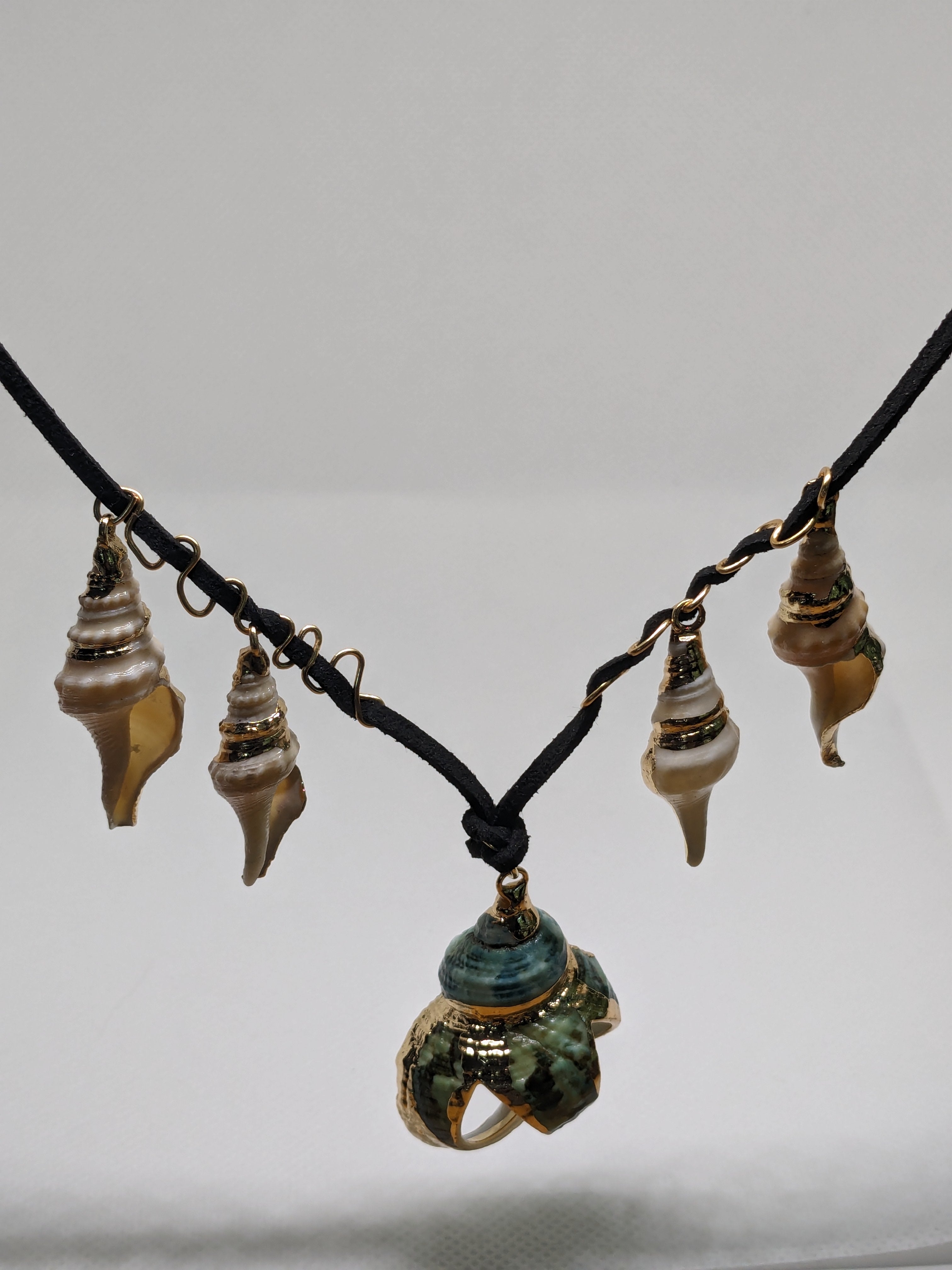 Handcrafted Large Blue-Green Conch Shell Necklace with Gold Accents  21"