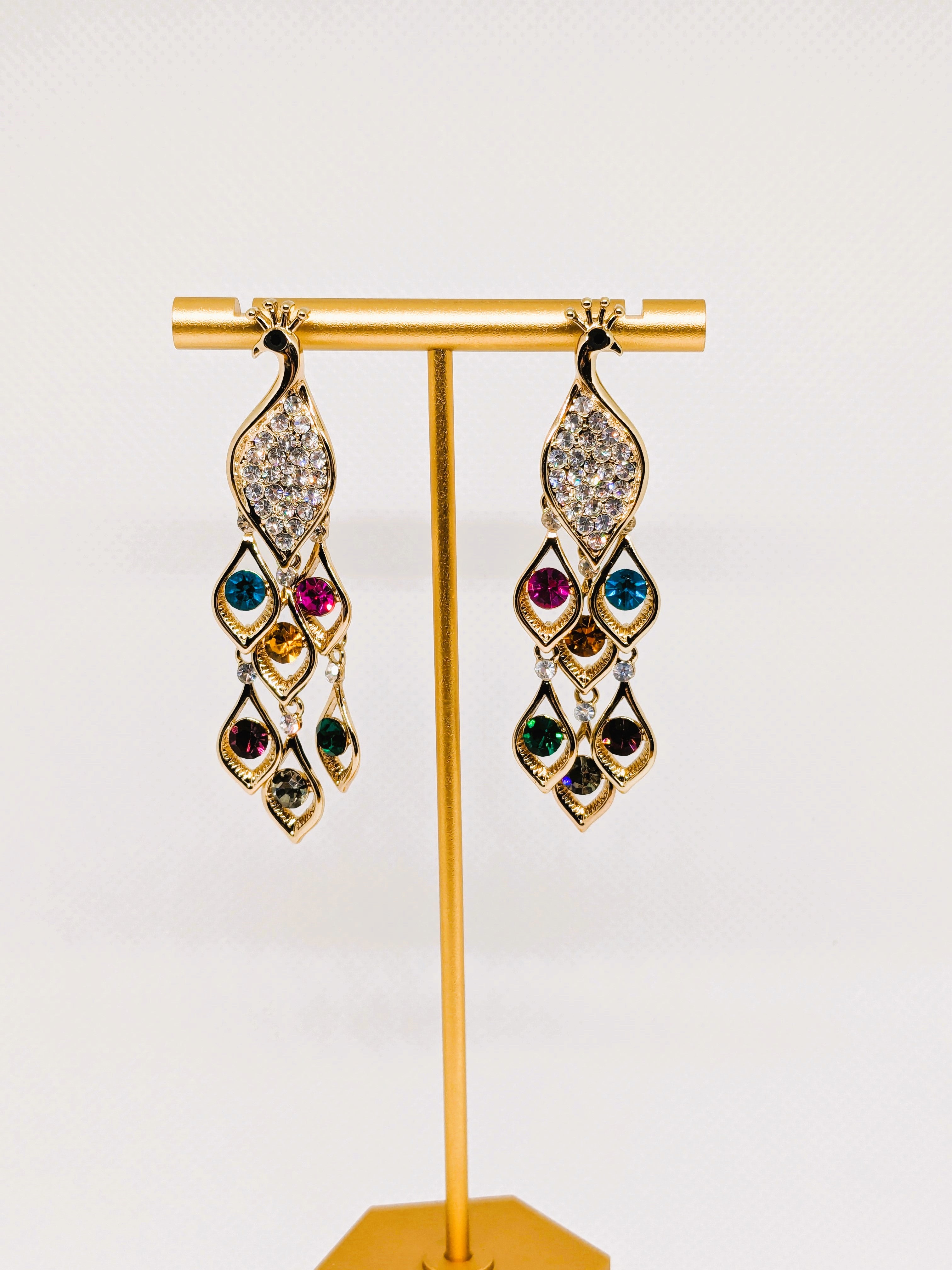 PEACOCK Multicolor Crystal Dangle post back earrings