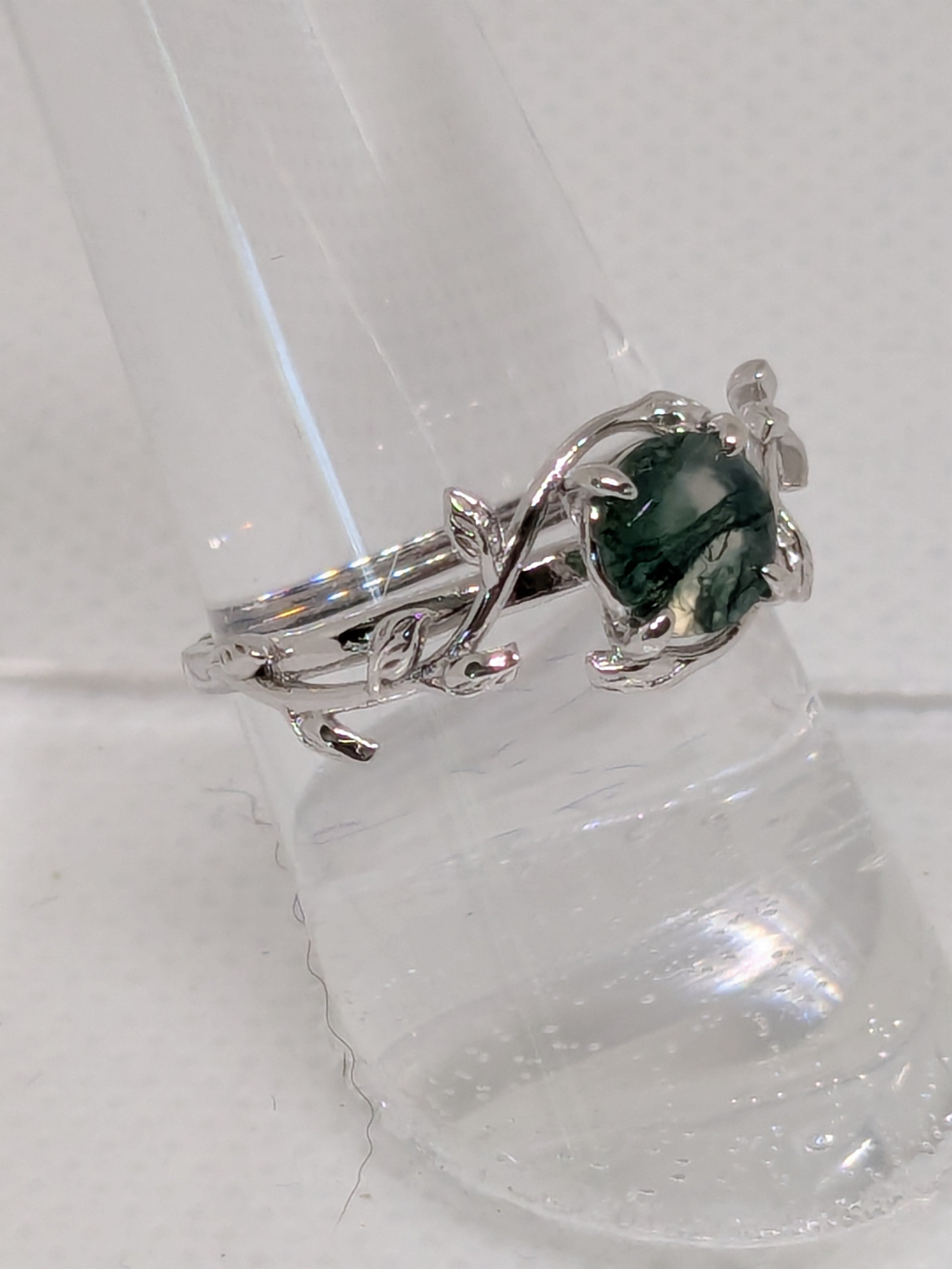 Moss Agate Crown of Vines Ring .50ct or .24ct set in Sterling Silver