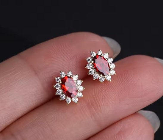 Genuine Ruby Oval Stud Earrings with Diamond Halo