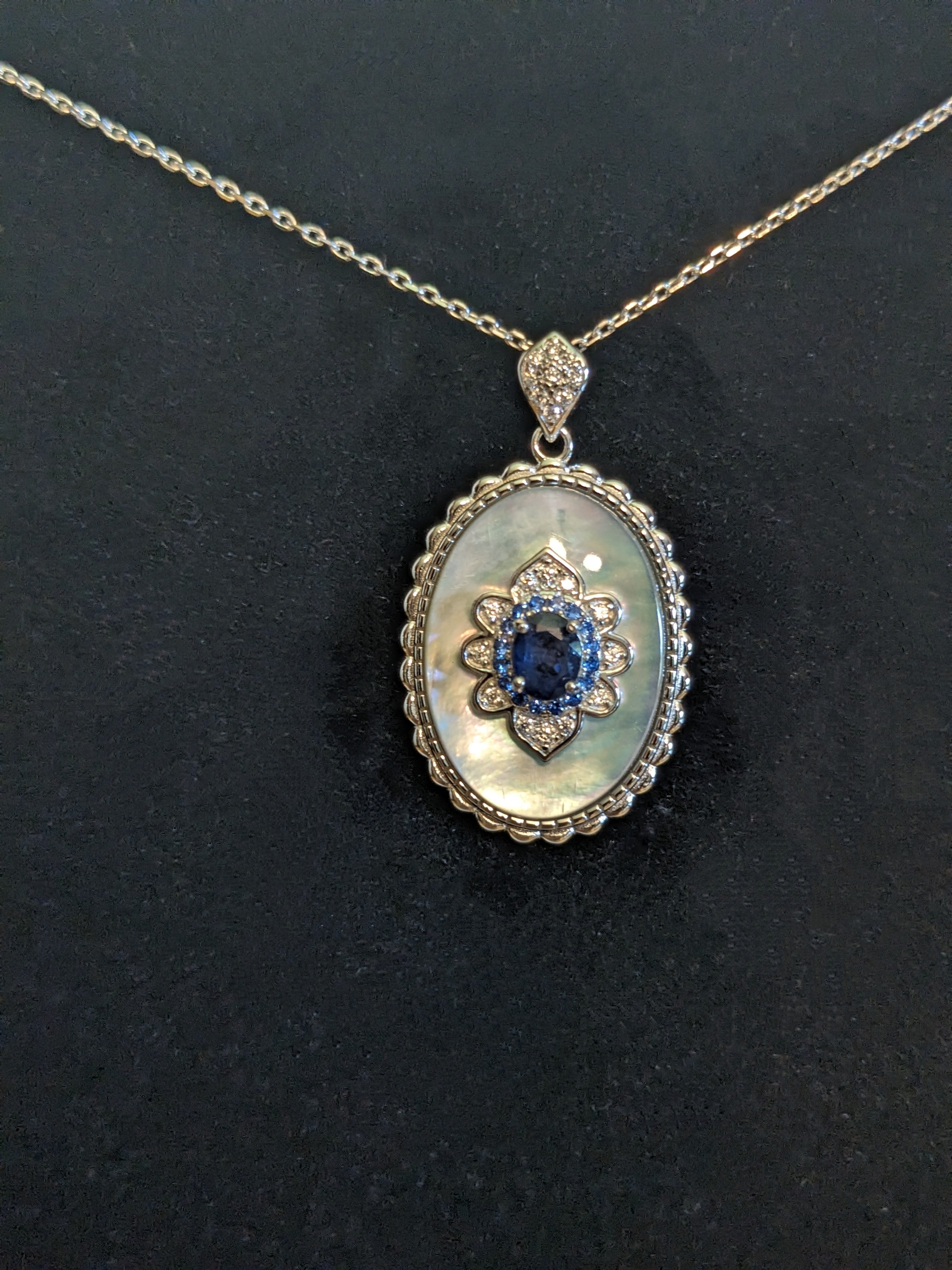 Genuine Blue Sapphire Necklace with Natural Blue Zircon Halo Genuine White Zircon Starburst Mother-of-Shell