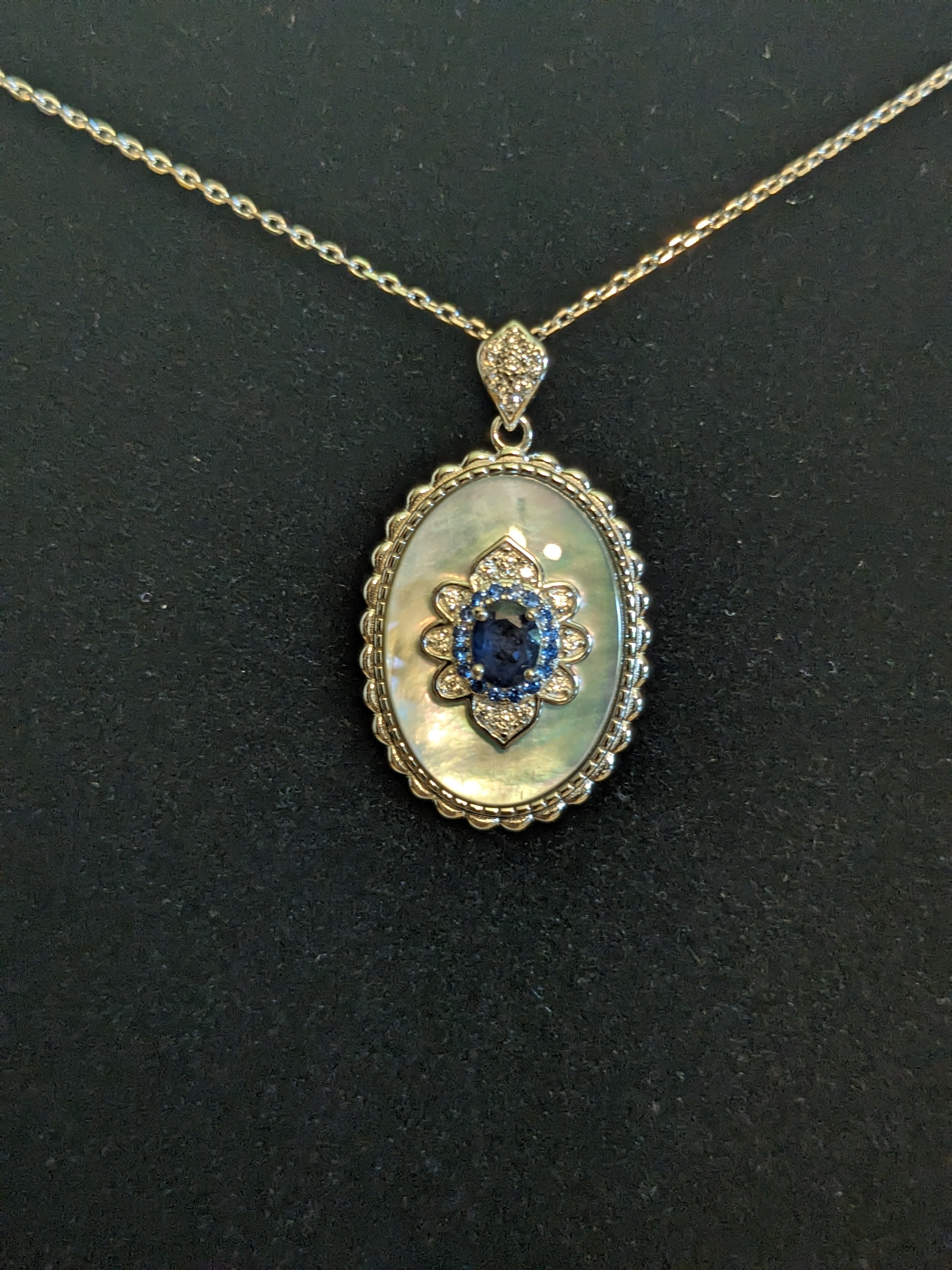 Genuine Blue Sapphire Necklace with Natural Blue Zircon Halo Genuine White Zircon Starburst Mother-of-Shell