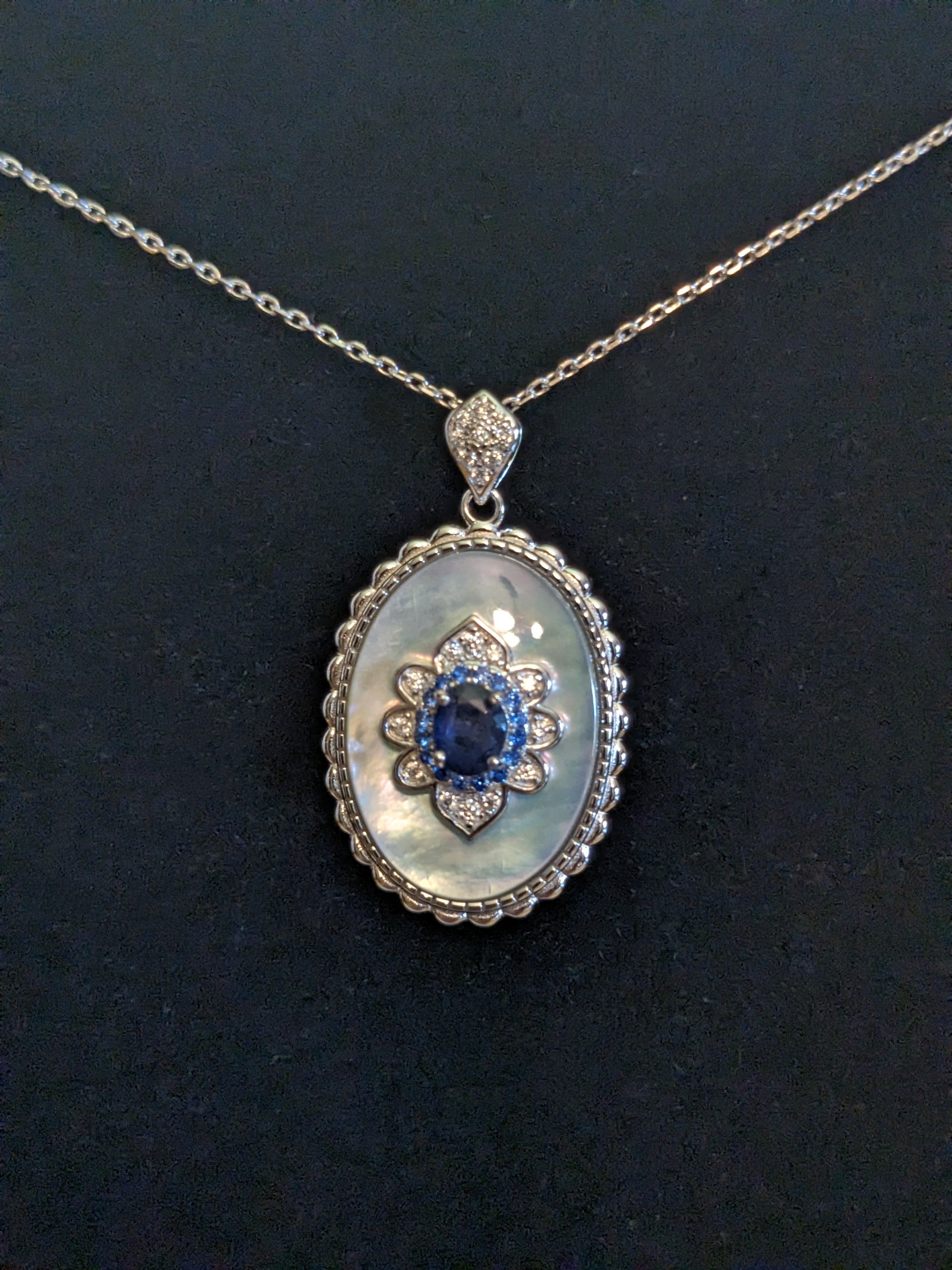 Genuine Blue Sapphire Necklace with Natural Blue Zircon Halo Genuine White Zircon Starburst Mother-of-Shell