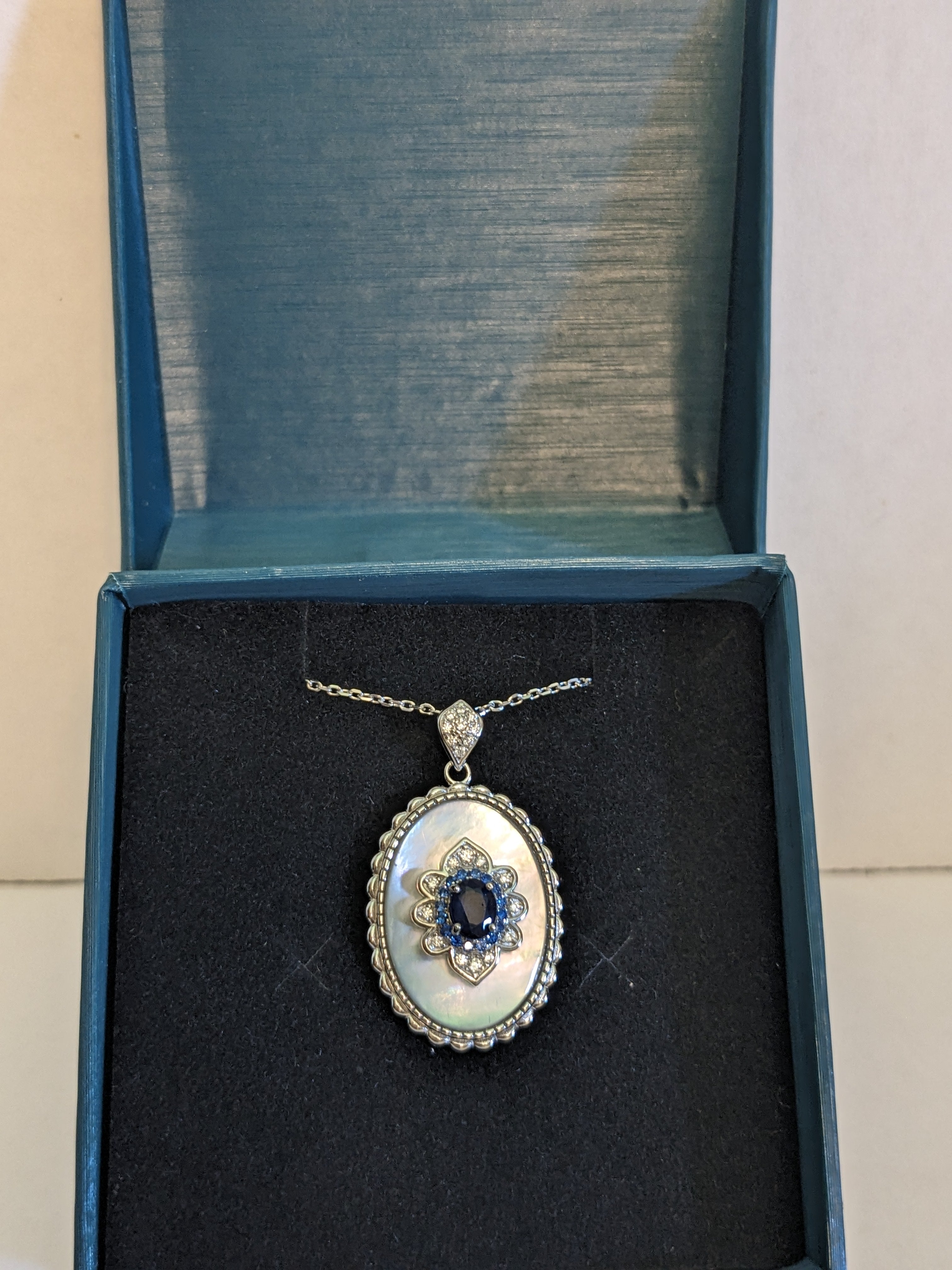 Genuine Blue Sapphire Necklace with Natural Blue Zircon Halo Genuine White Zircon Starburst Mother-of-Shell