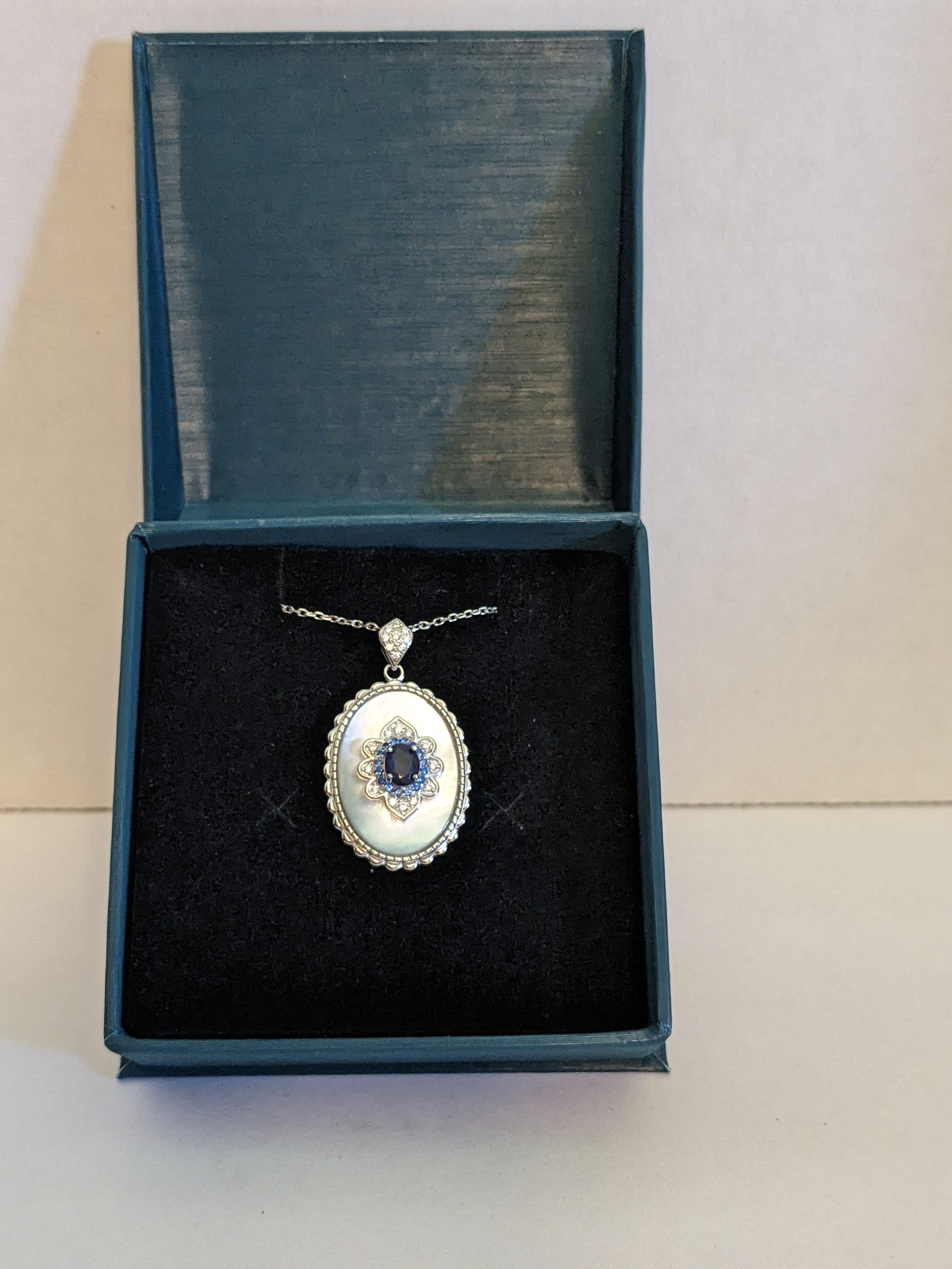 Genuine Blue Sapphire Necklace with Natural Blue Zircon Halo Genuine White Zircon Starburst Mother-of-Shell