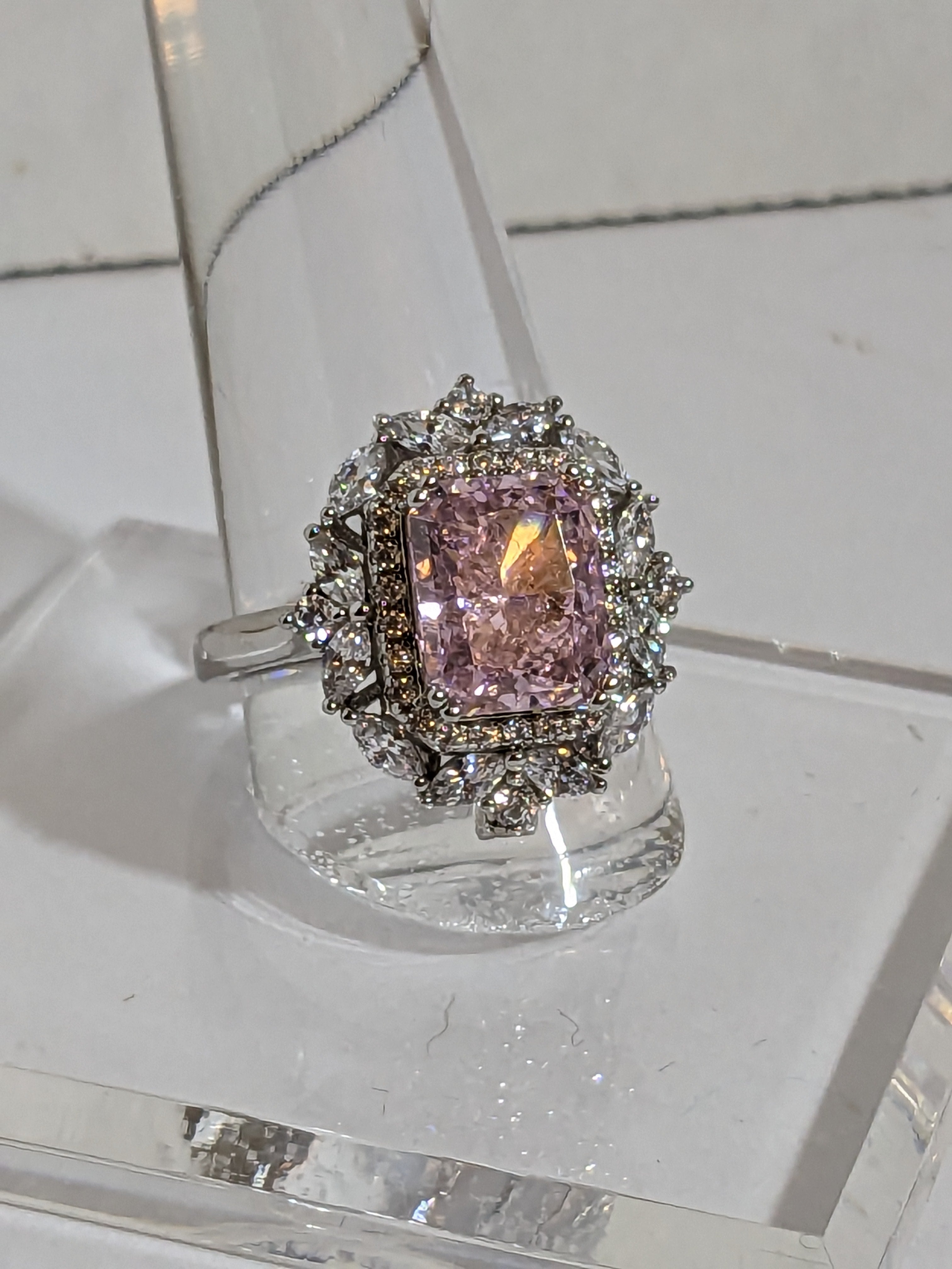 Lab Grown 2.3ct Pink Emerald Cut Diamond Ring with a White Zircon Halo and Flower Cluster Filigree