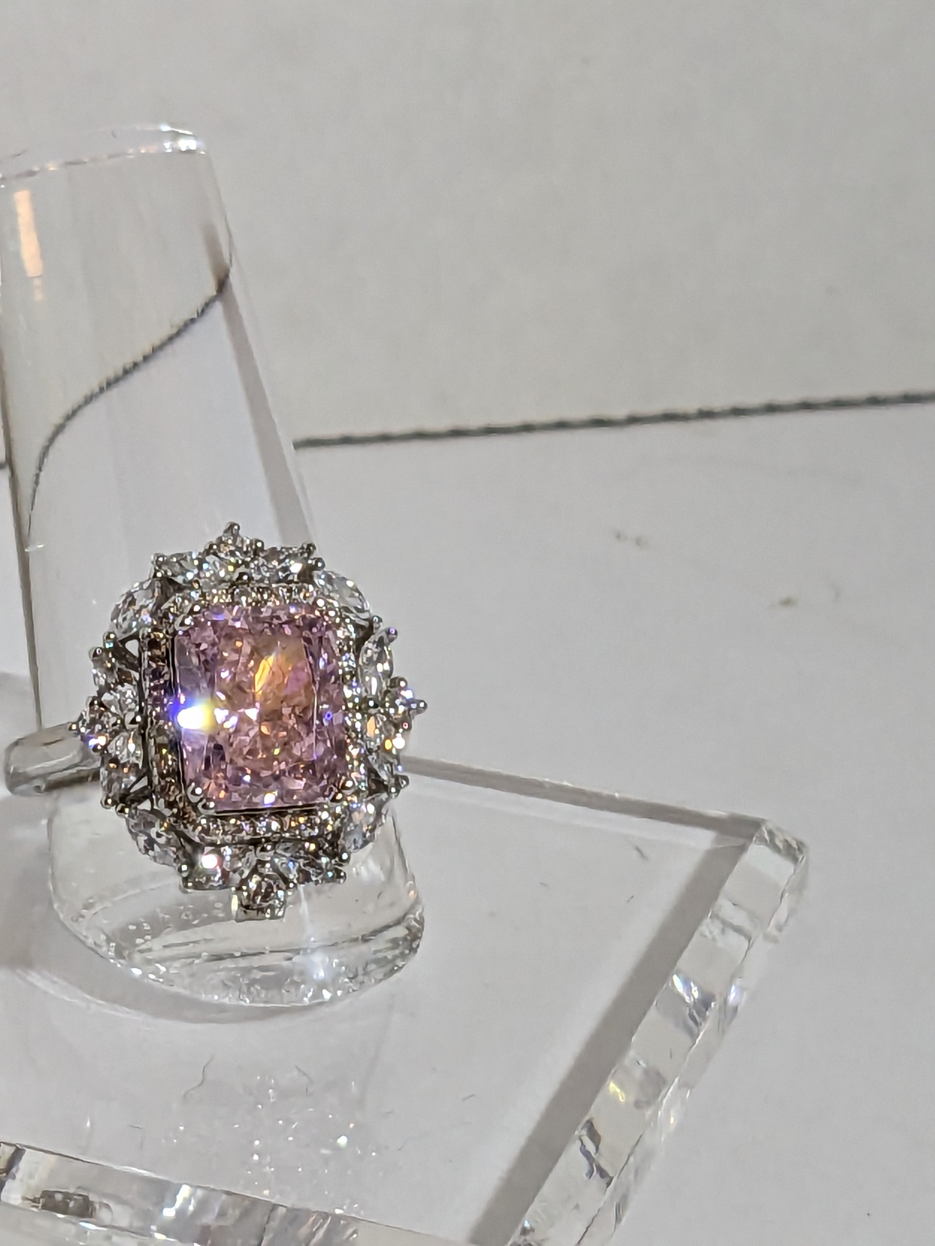 Lab Grown 2.3ct Pink Emerald Cut Diamond Ring with a White Zircon Halo and Flower Cluster Filigree