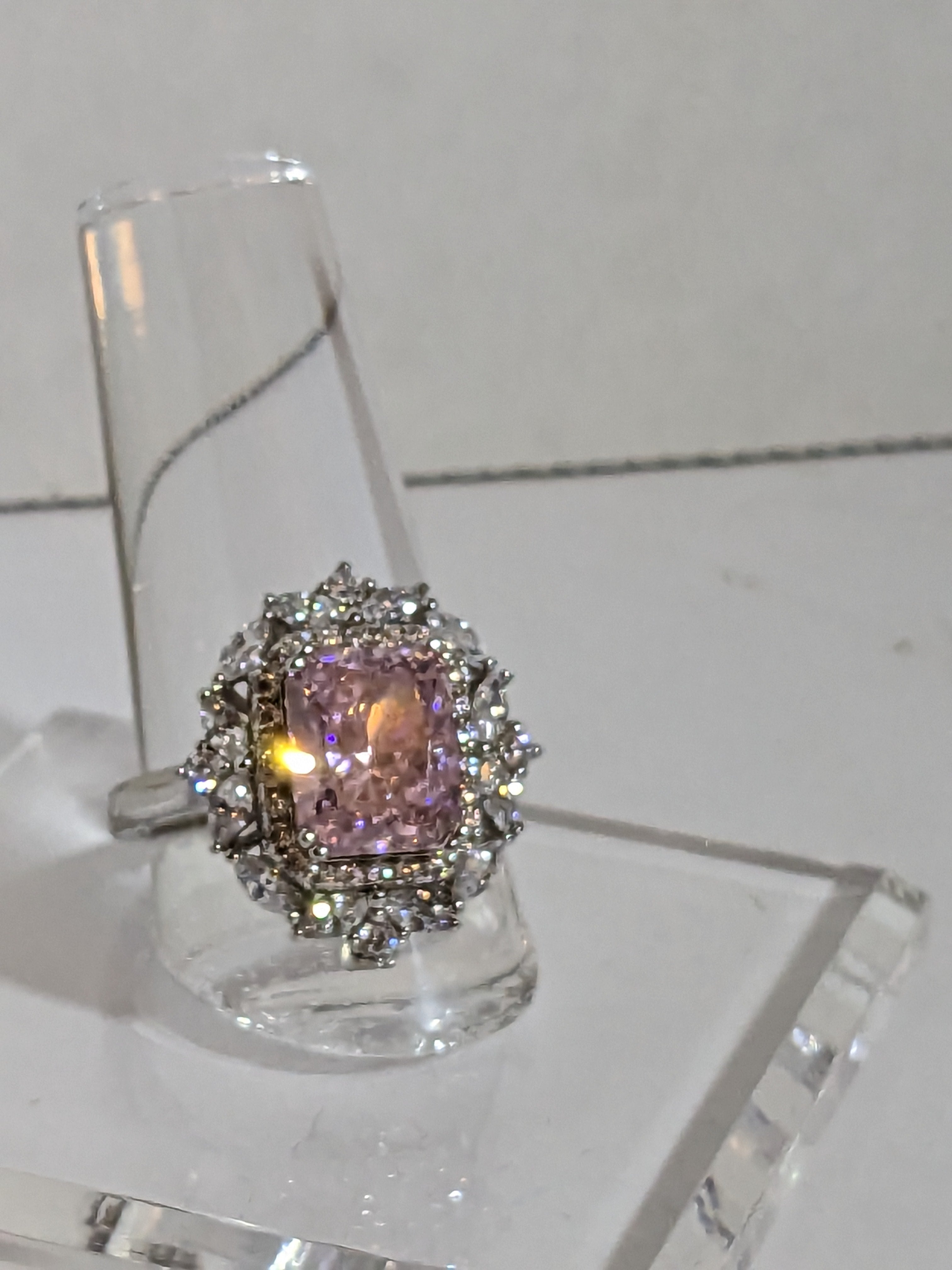 Lab Grown 2.3ct Pink Emerald Cut Diamond Ring with a White Zircon Halo and Flower Cluster Filigree