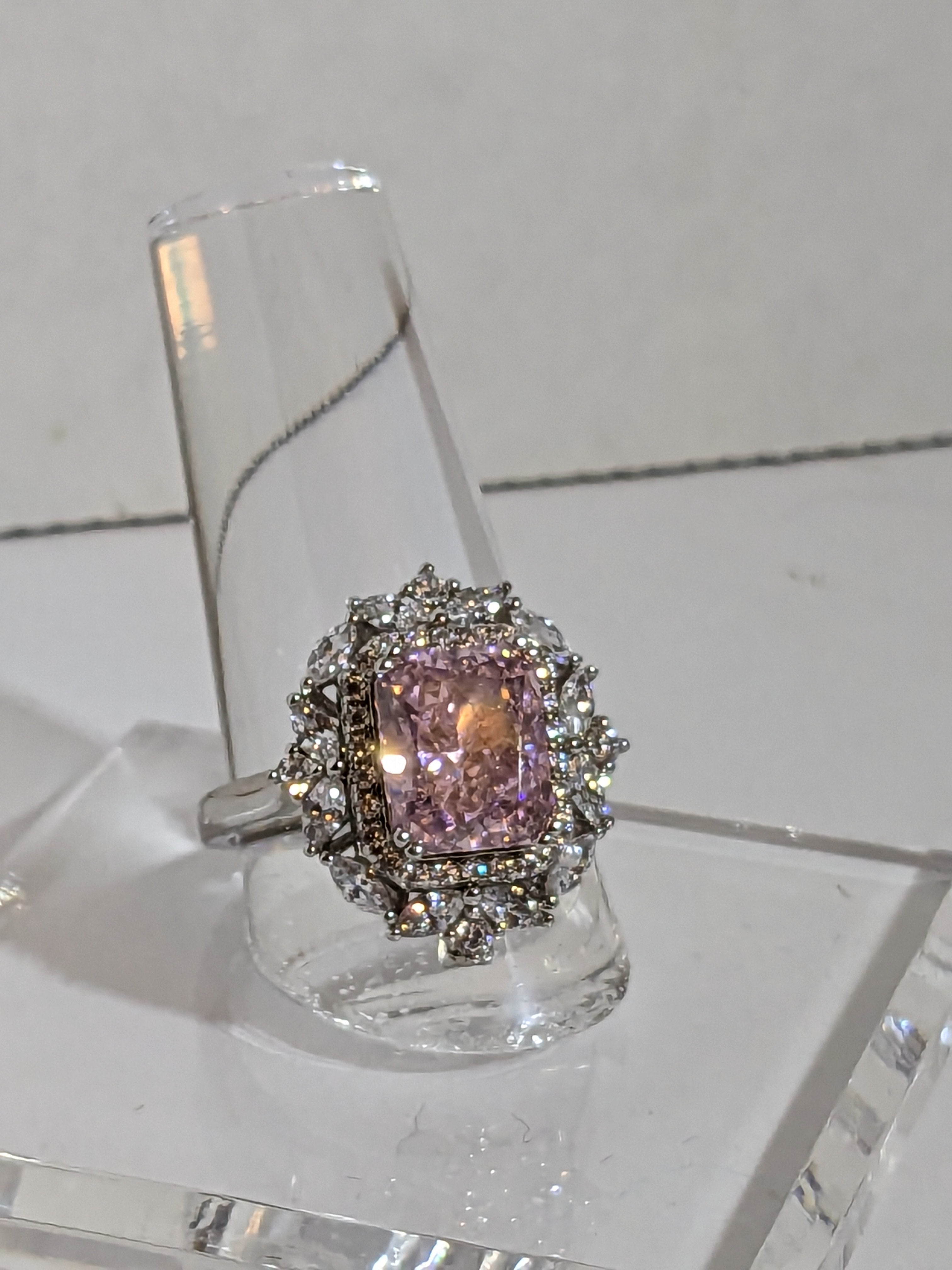 Lab Grown 2.3ct Pink Emerald Cut Diamond Ring with a White Zircon Halo and Flower Cluster Filigree