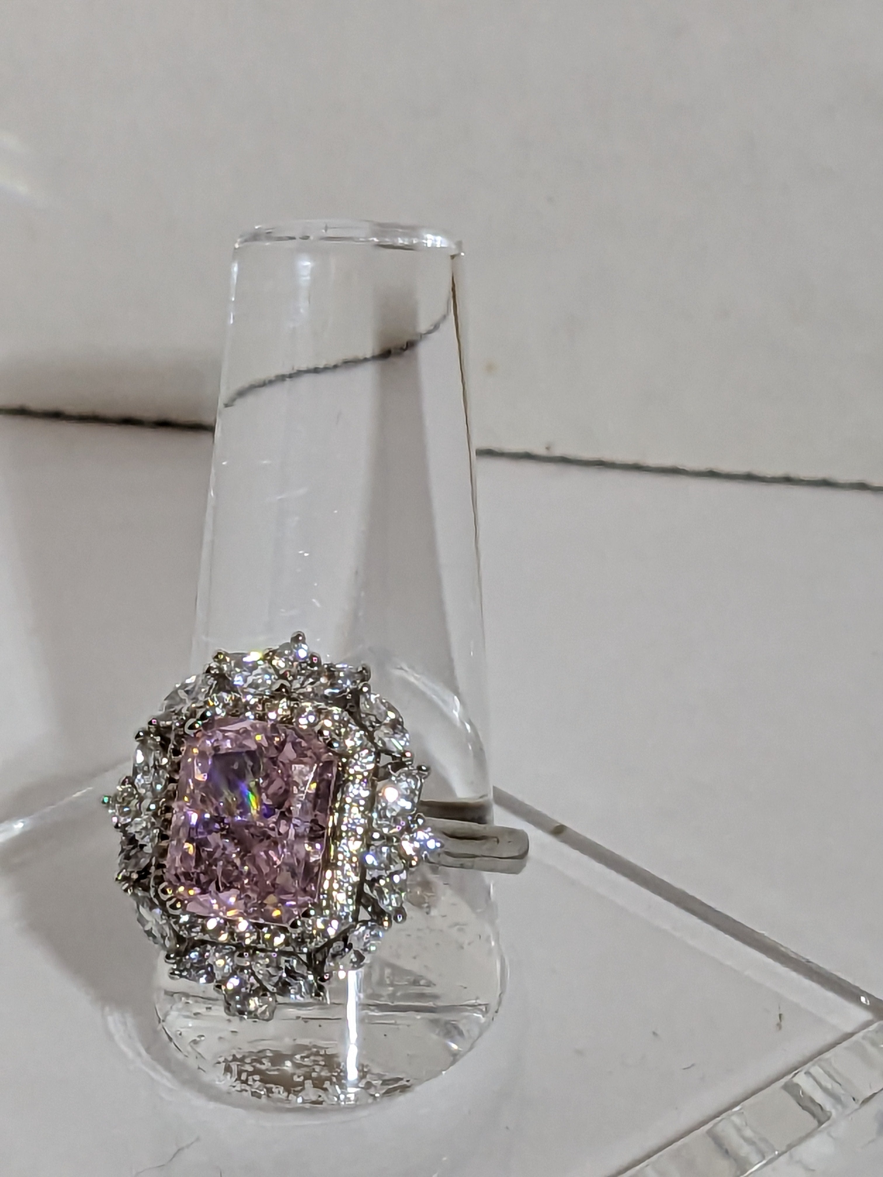 Lab Grown 2.3ct Pink Emerald Cut Diamond Ring with a White Zircon Halo and Flower Cluster Filigree