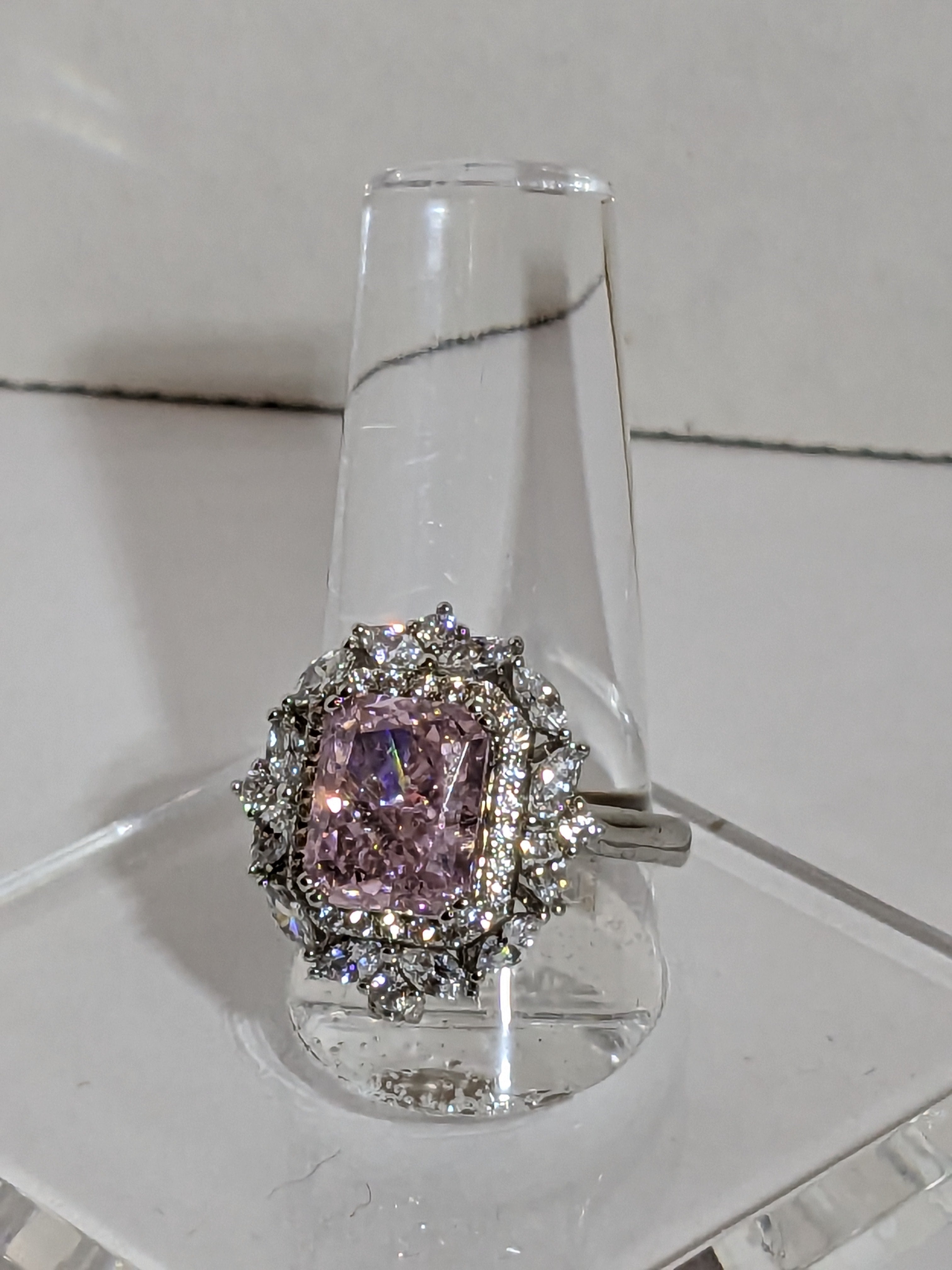 Lab Grown 2.3ct Pink Emerald Cut Diamond Ring with a White Zircon Halo and Flower Cluster Filigree