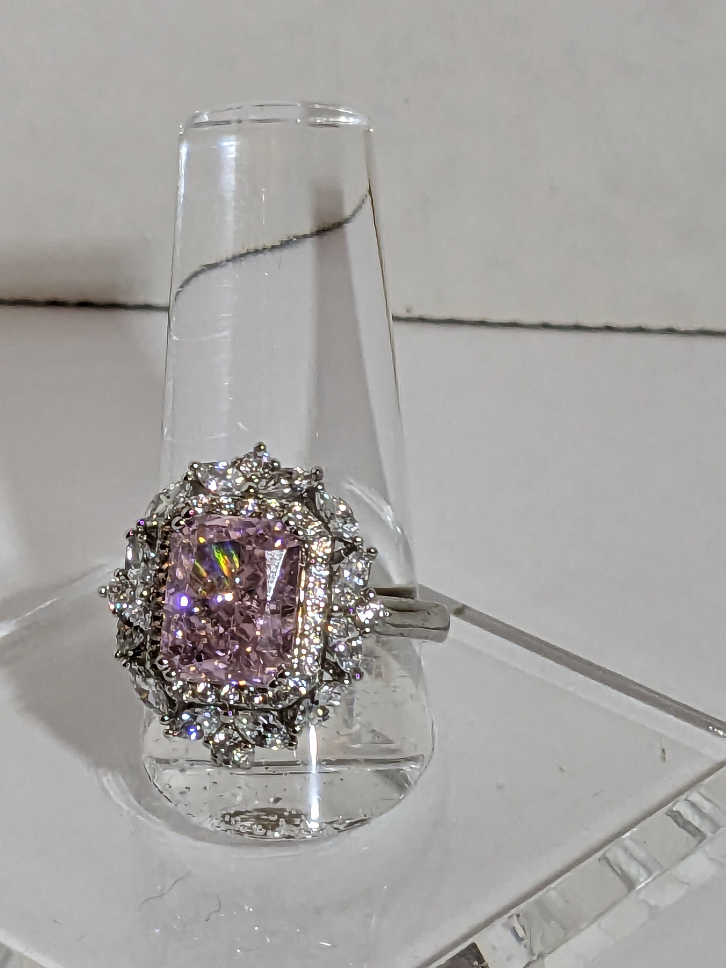 Lab Grown 2.3ct Pink Emerald Cut Diamond Ring with a White Zircon Halo and Flower Cluster Filigree