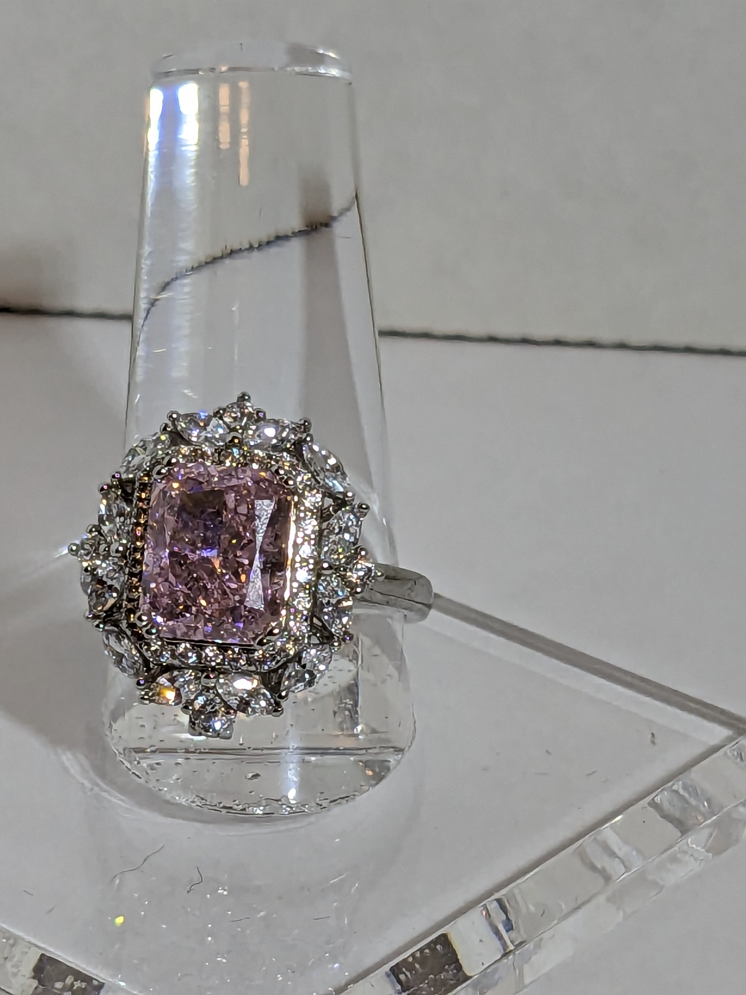 Lab Grown 2.3ct Pink Emerald Cut Diamond Ring with a White Zircon Halo and Flower Cluster Filigree