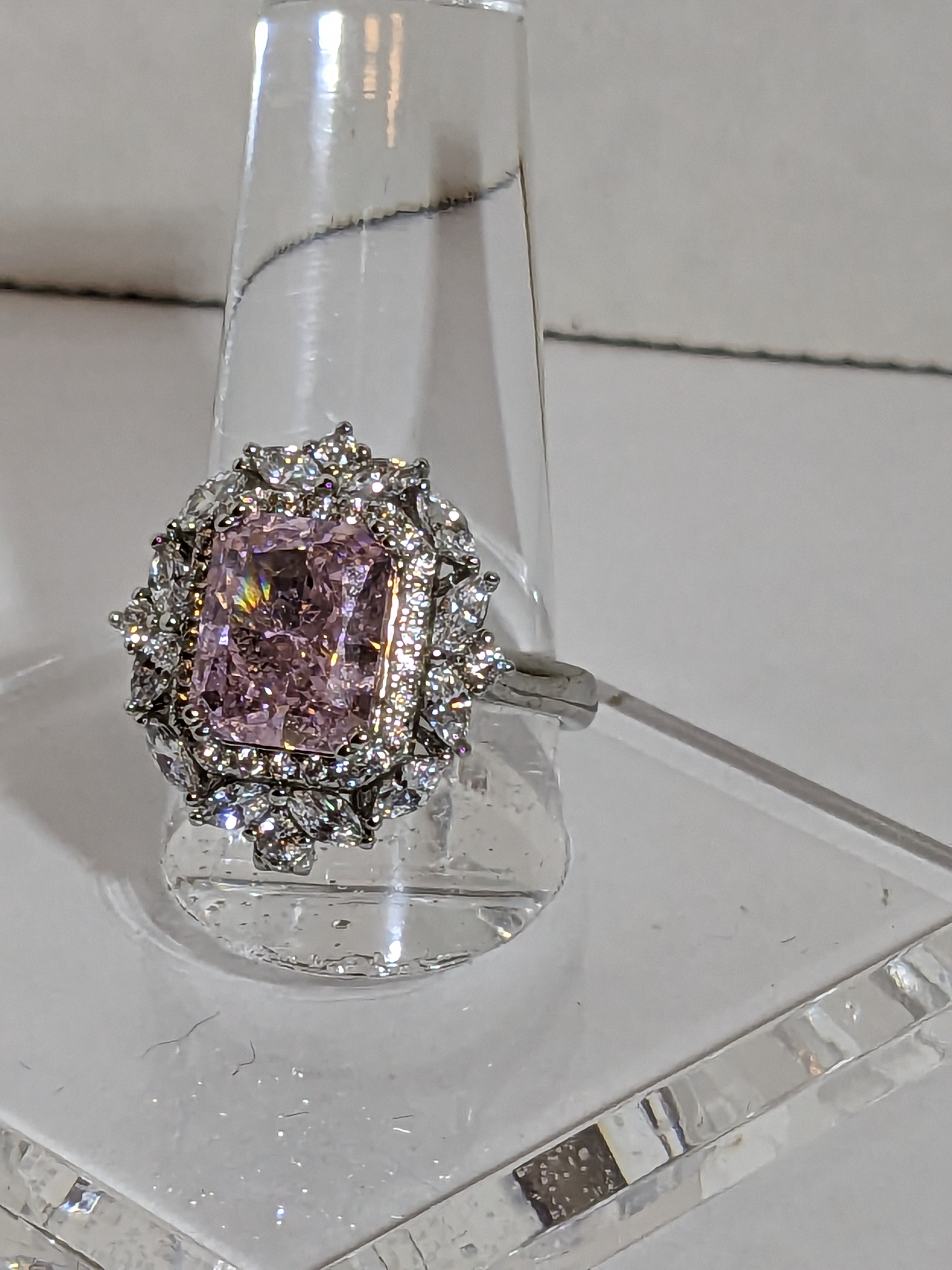 Lab Grown 2.3ct Pink Emerald Cut Diamond Ring with a White Zircon Halo and Flower Cluster Filigree