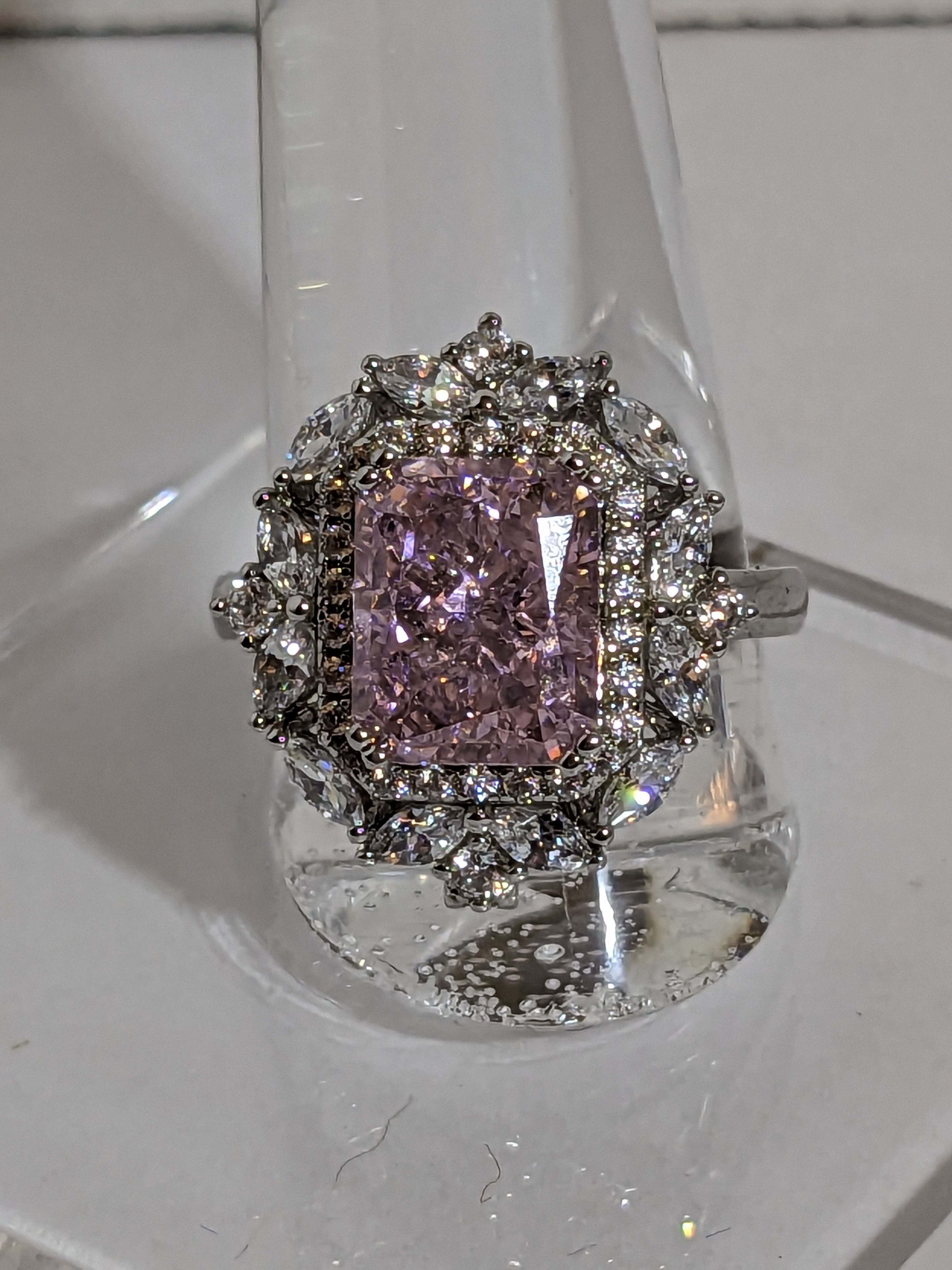 Lab Grown 2.3ct Pink Emerald Cut Diamond Ring with a White Zircon Halo and Flower Cluster Filigree