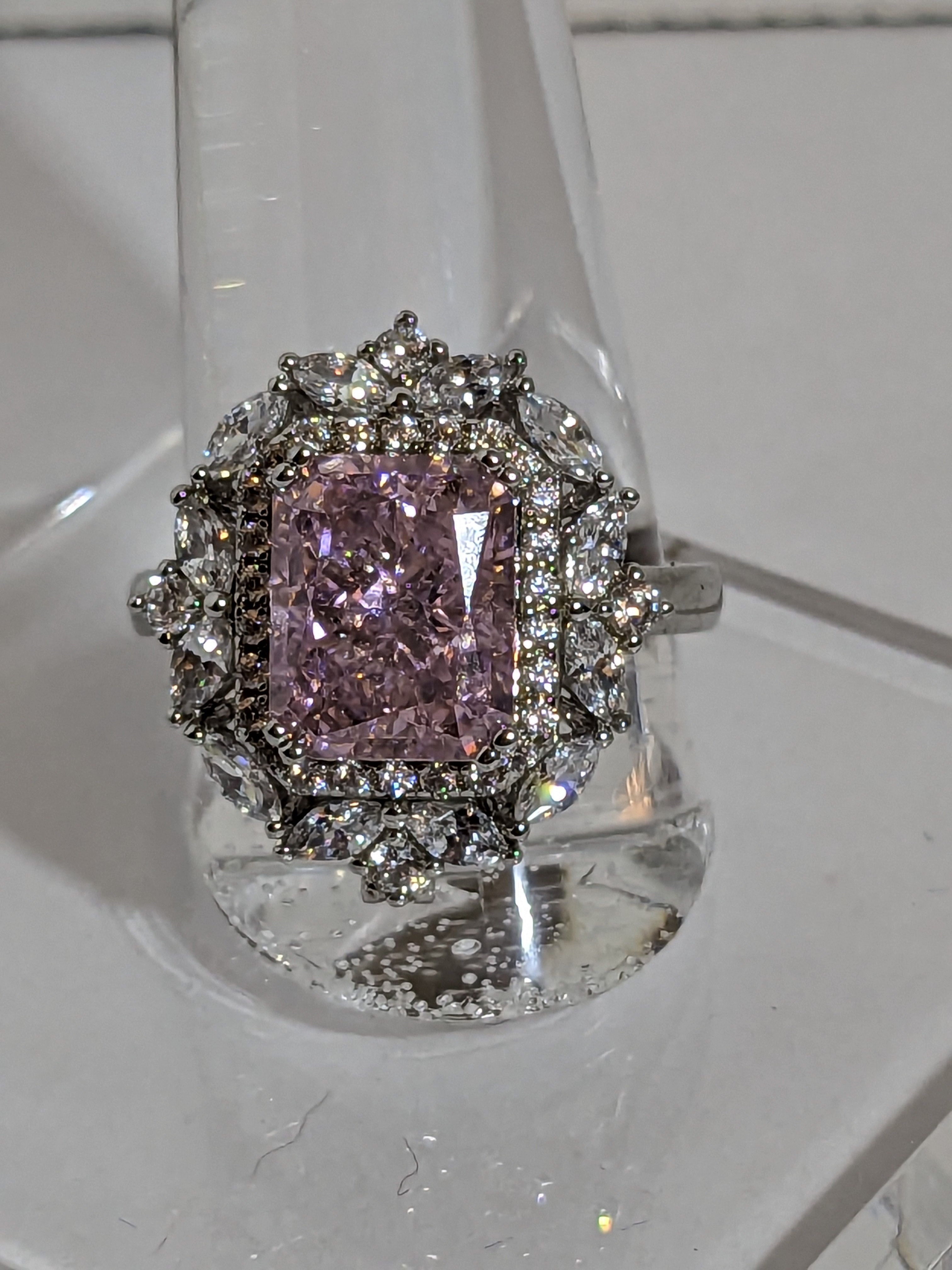 Lab Grown 2.3ct Pink Emerald Cut Diamond Ring with a White Zircon Halo and Flower Cluster Filigree