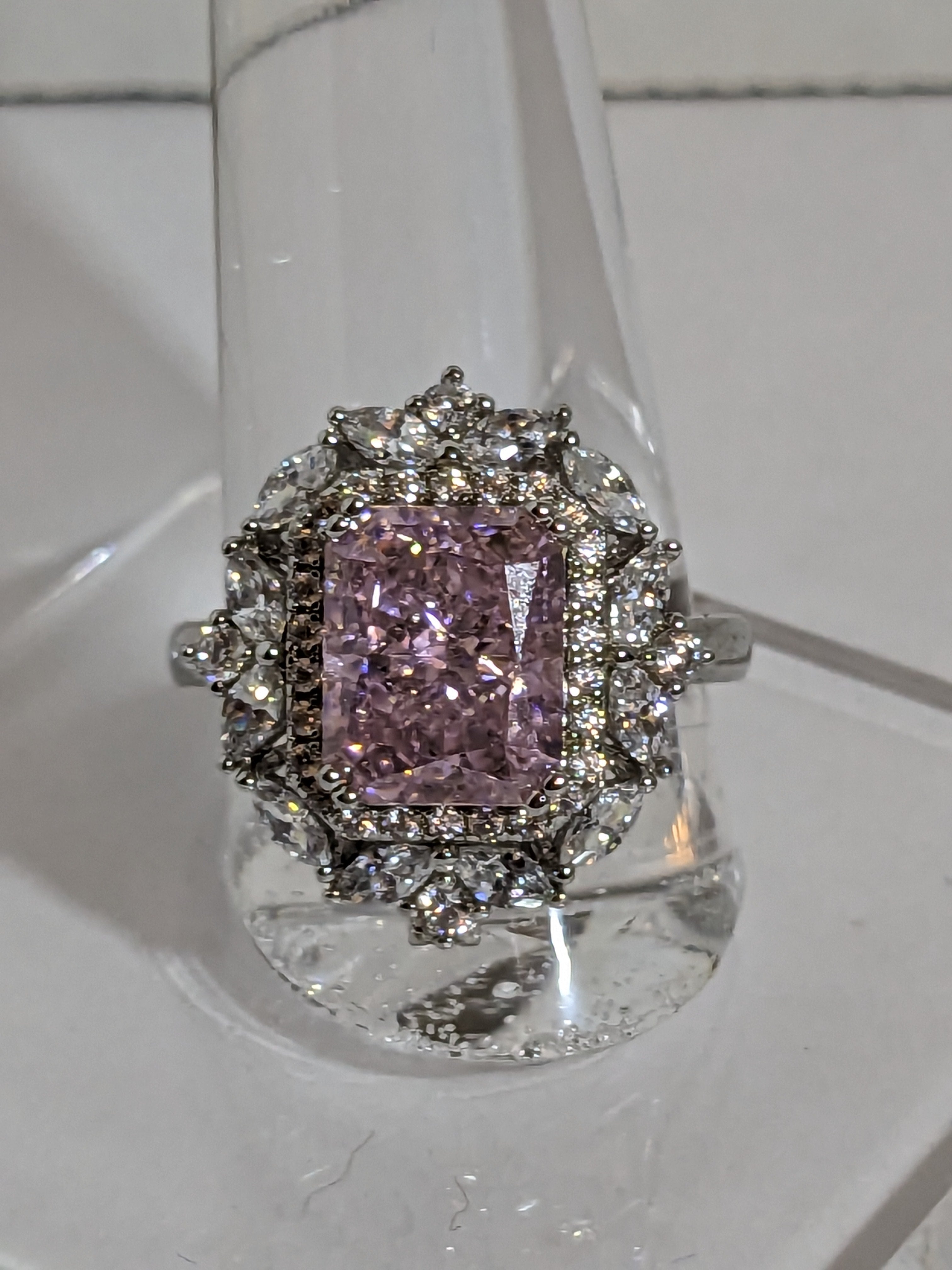 Lab Grown 2.3ct Pink Emerald Cut Diamond Ring with a White Zircon Halo and Flower Cluster Filigree