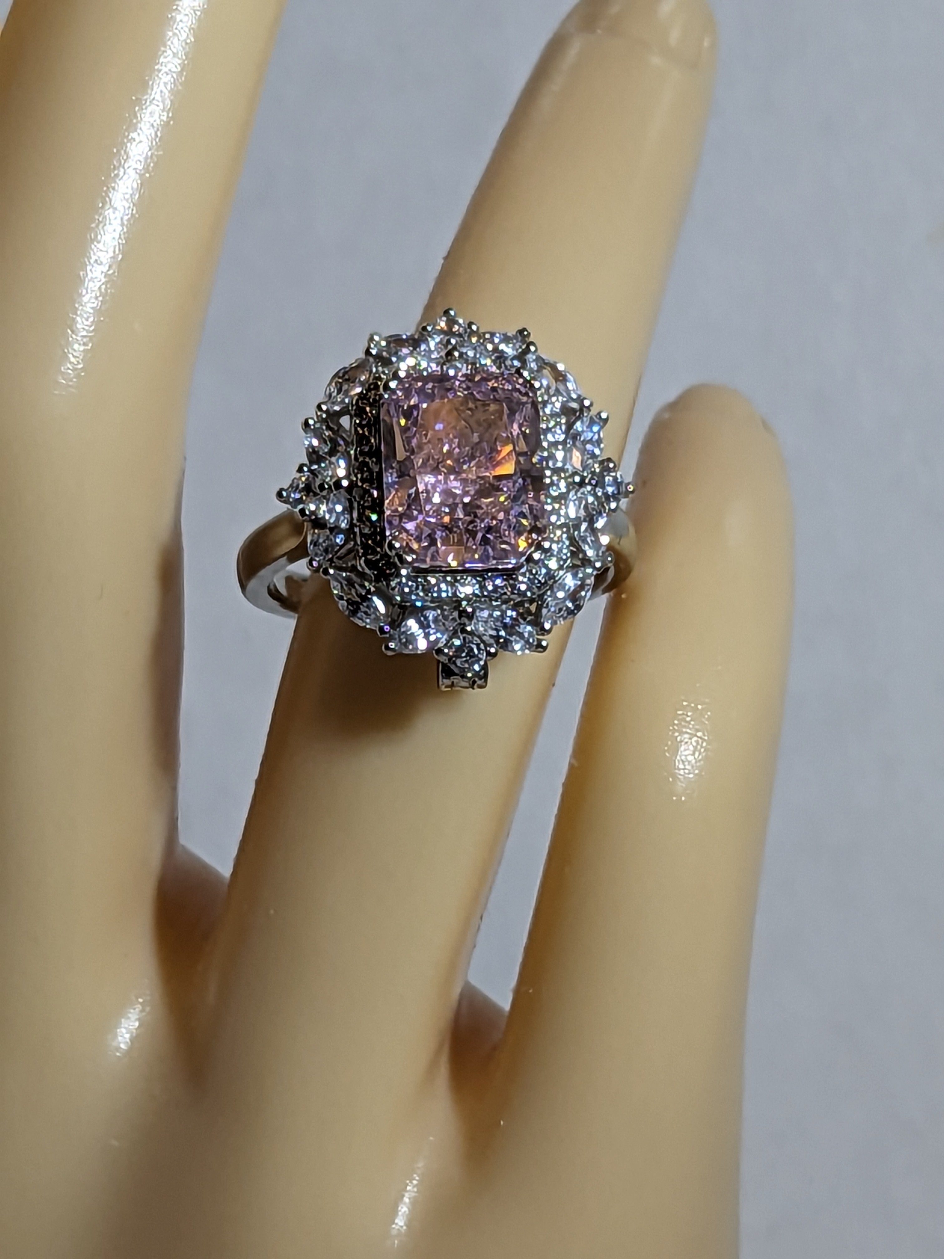 Lab Grown 2.3ct Pink Emerald Cut Diamond Ring with a White Zircon Halo and Flower Cluster Filigree