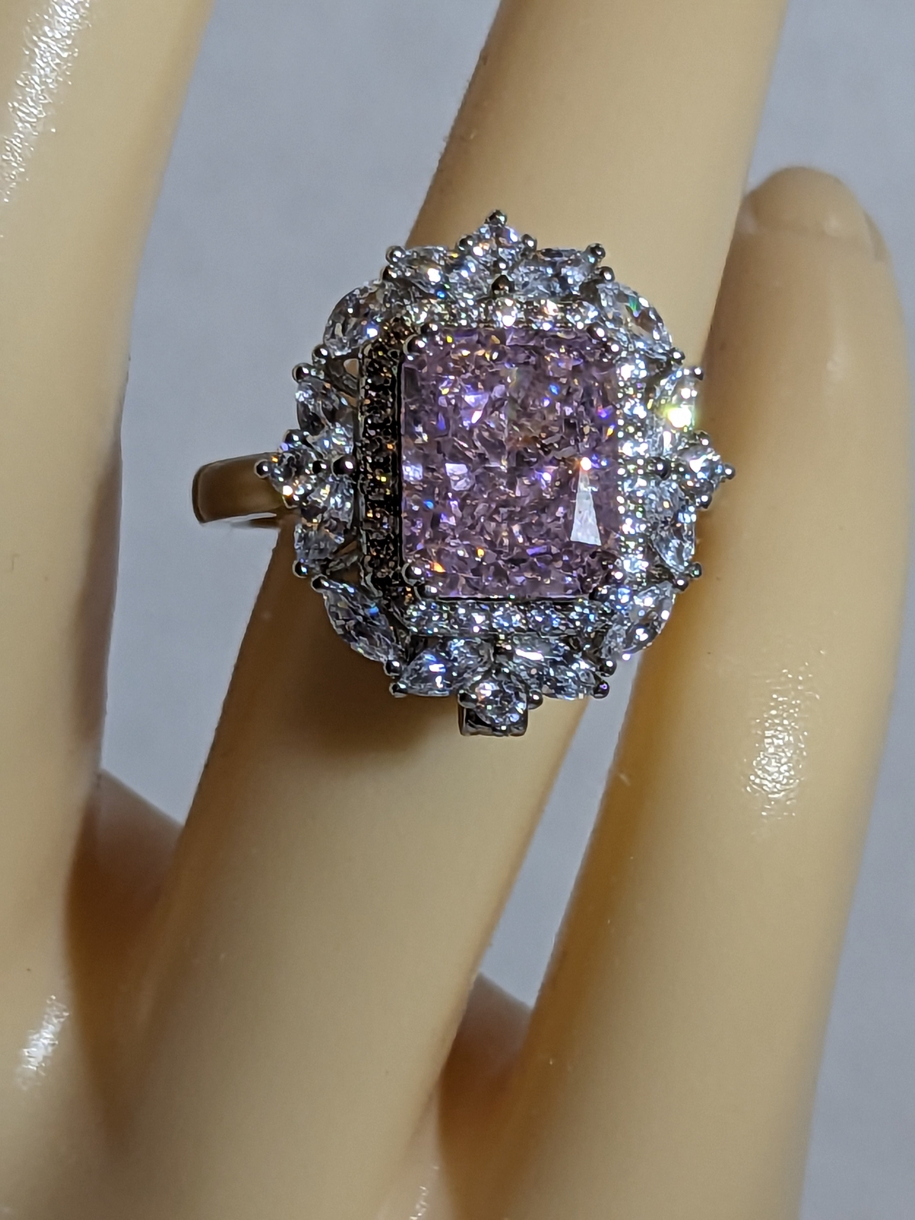 Lab Grown 2.3ct Pink Emerald Cut Diamond Ring with a White Zircon Halo and Flower Cluster Filigree