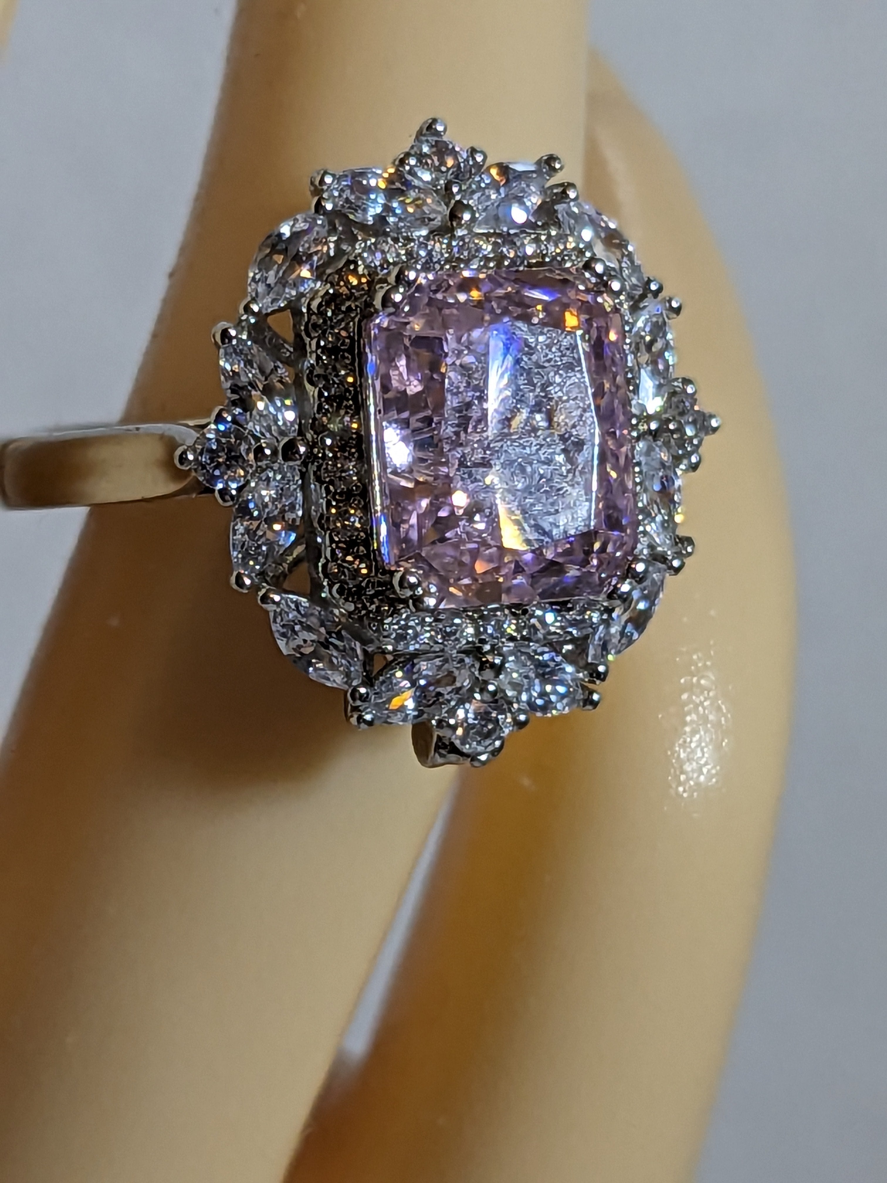 Lab Grown 2.3ct Pink Emerald Cut Diamond Ring with a White Zircon Halo and Flower Cluster Filigree