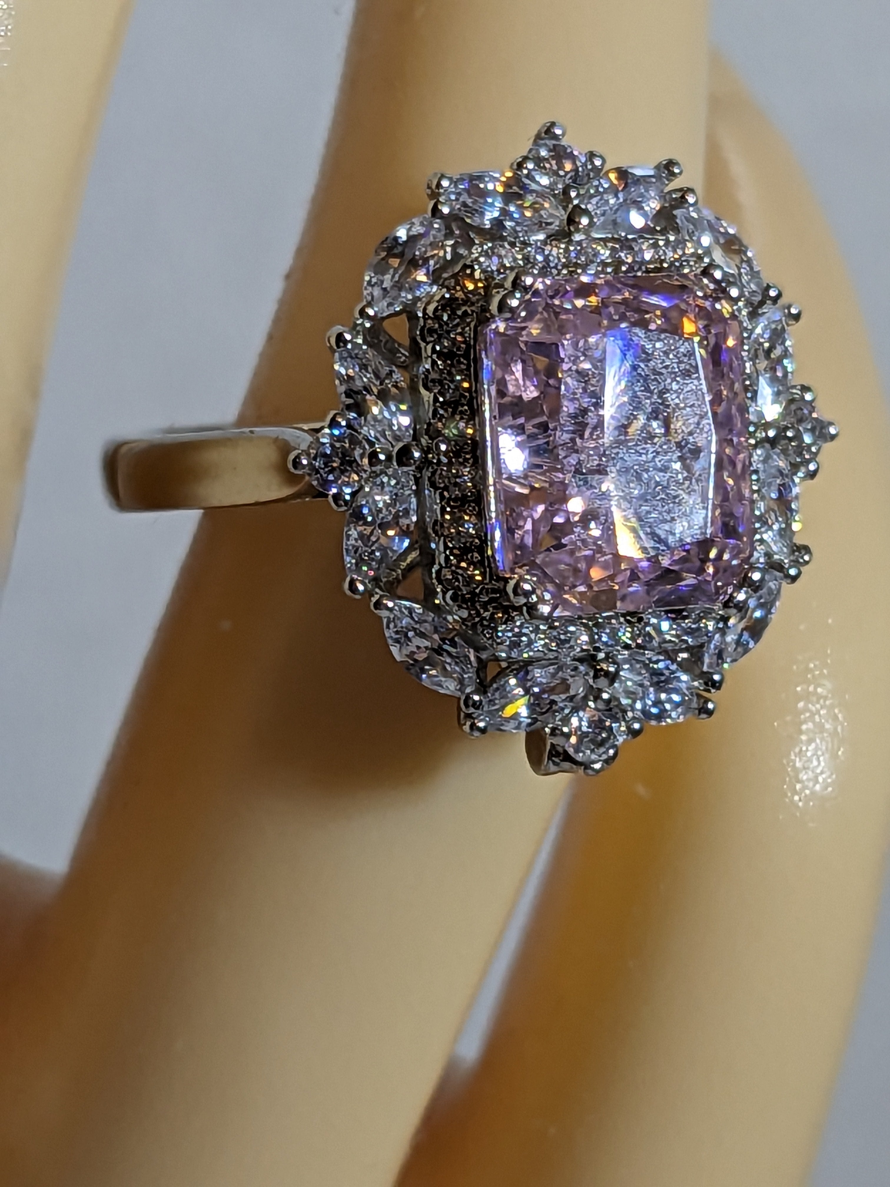 Lab Grown 2.3ct Pink Emerald Cut Diamond Ring with a White Zircon Halo and Flower Cluster Filigree